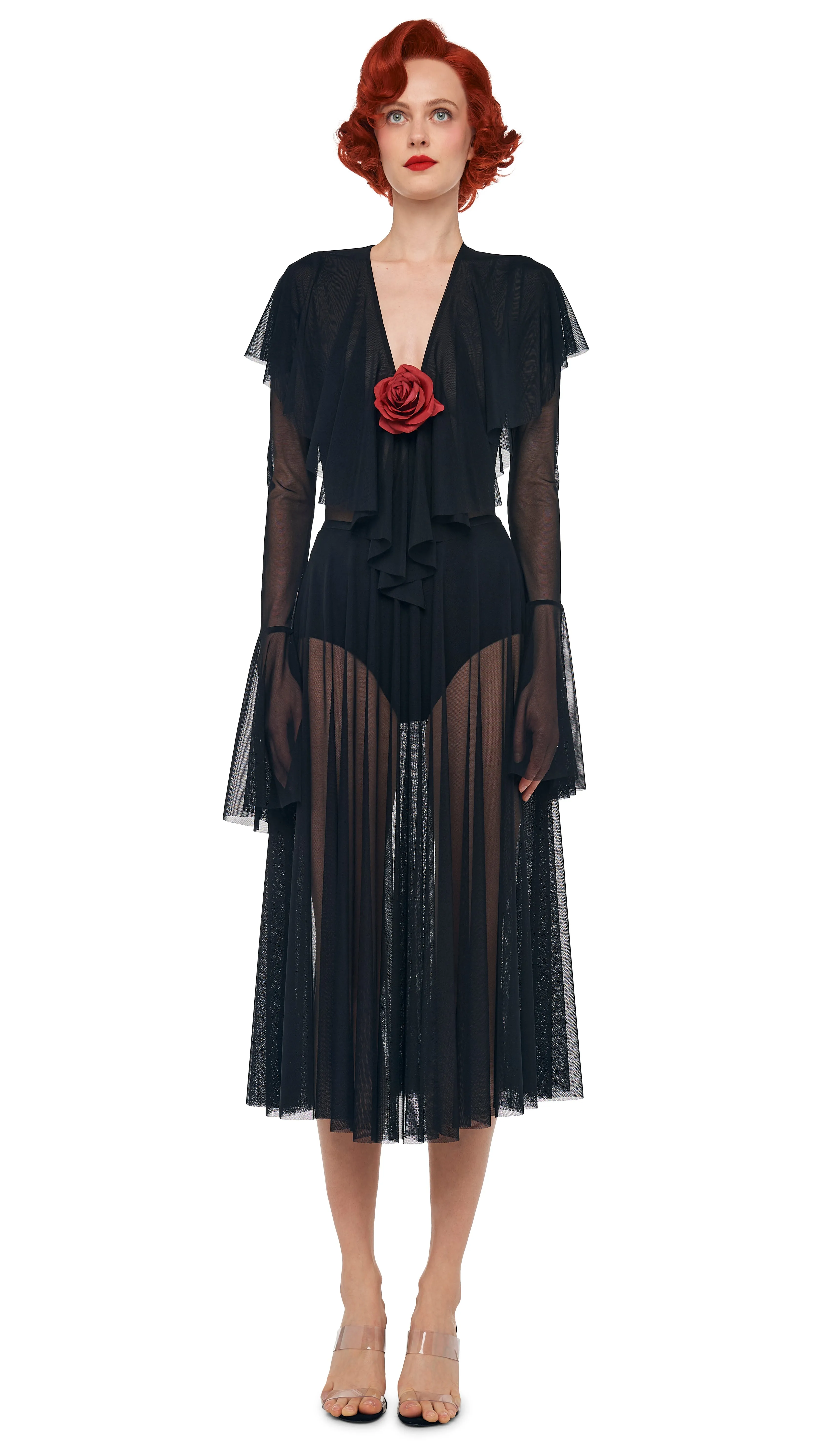 LONG SLEEVE DEEP V RUFFLE BODYSUIT sold by Norma Kamali product image thumbnail 4