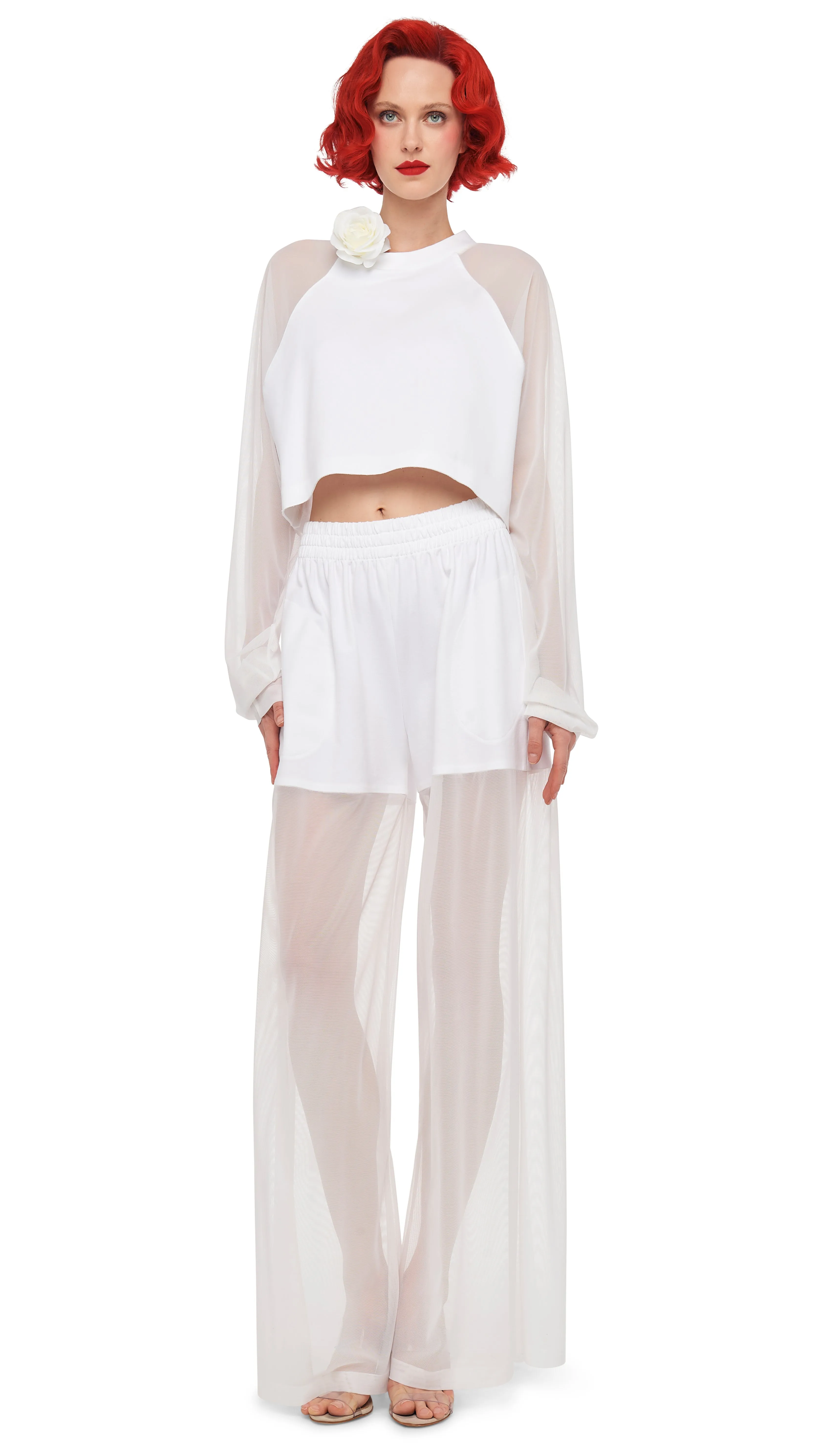 OVERSIZED RAGLAN SLEEVE CROPPED TOP W/ MESH sold by Norma Kamali