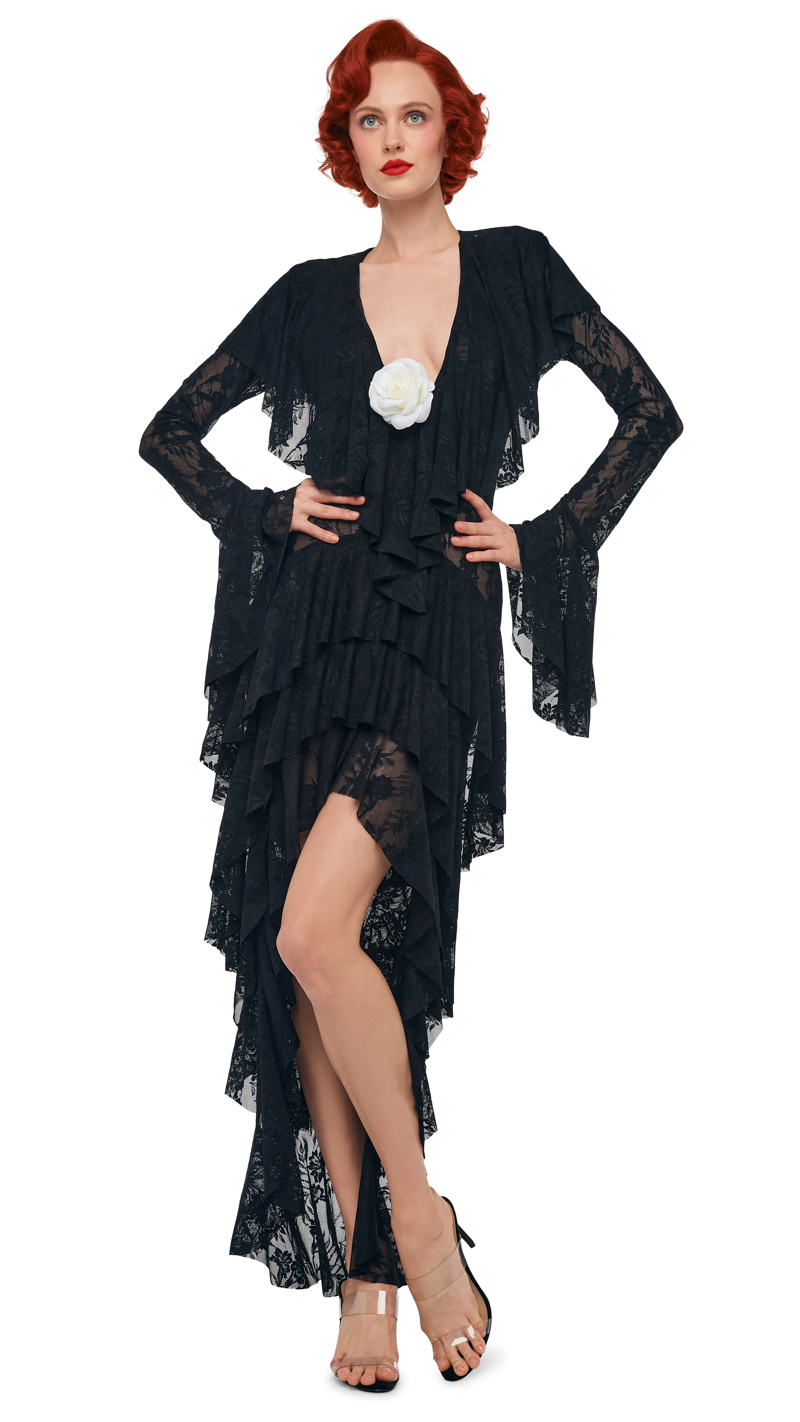 HI LOW LONG SLEEVE DEEP V RUFFLE GOWN sold by Norma Kamali