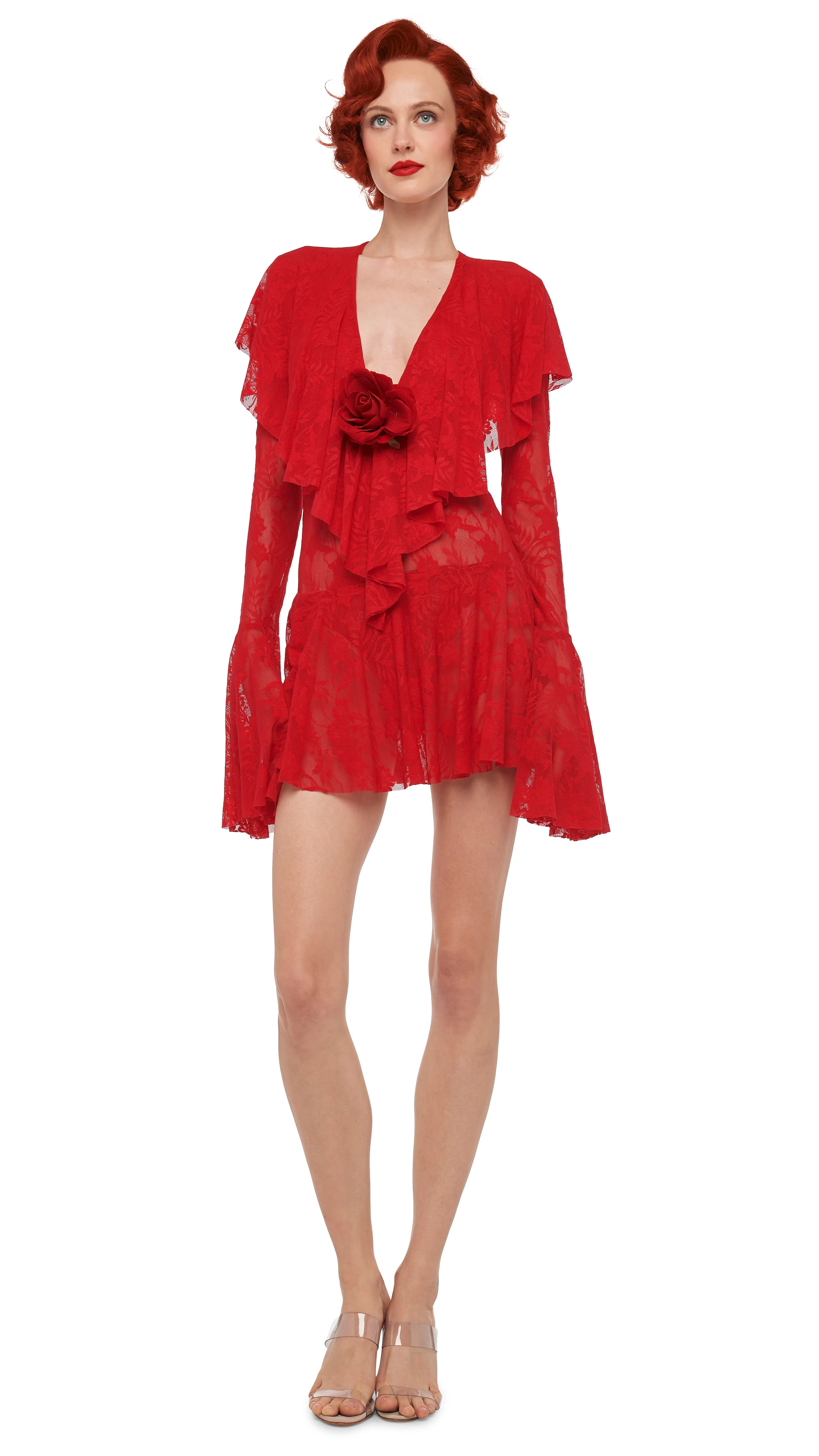 LONG SLEEVE DEEP V RUFFLE MINI DRESS sold by Norma Kamali