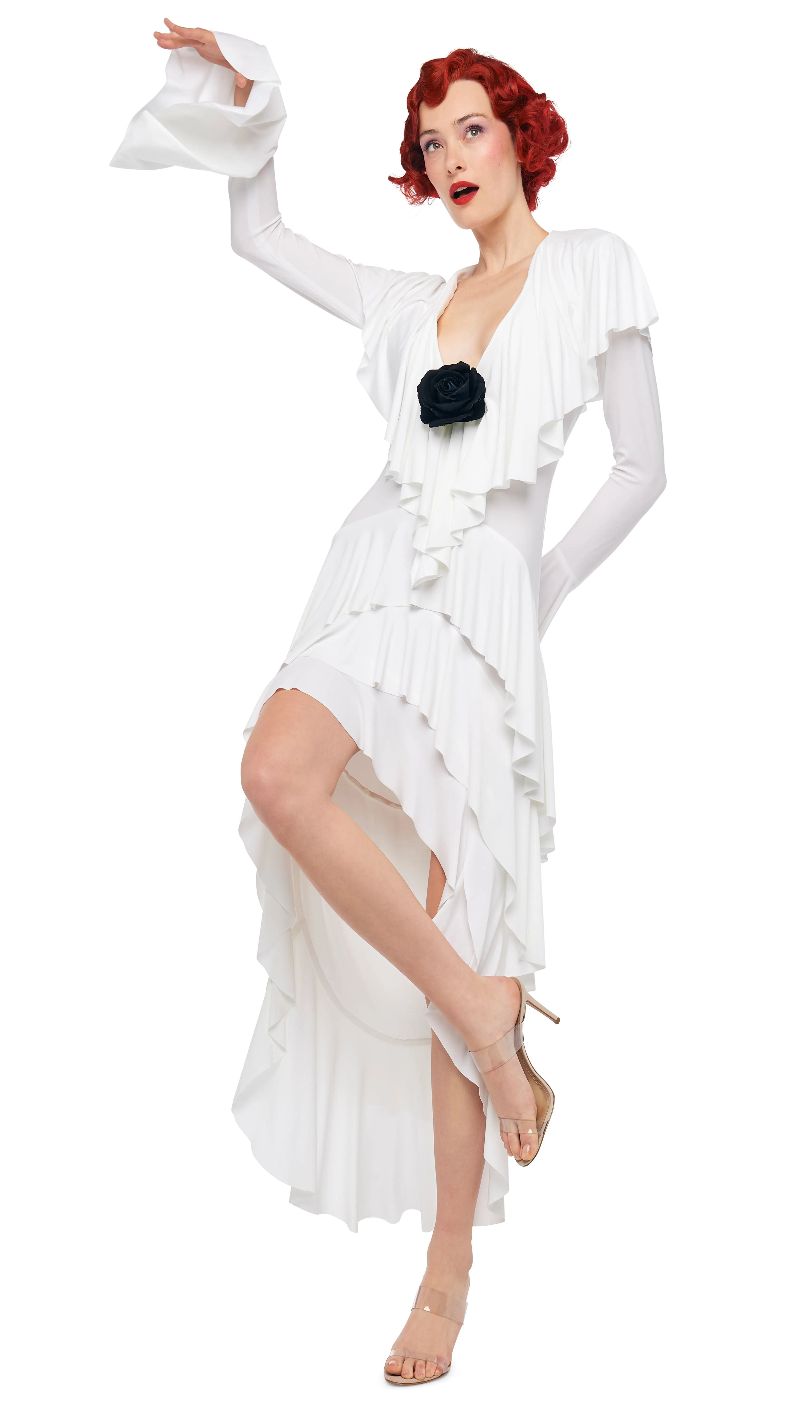 HI LOW LONG SLEEVE DEEP V RUFFLE GOWN sold by Norma Kamali product image thumbnail 4