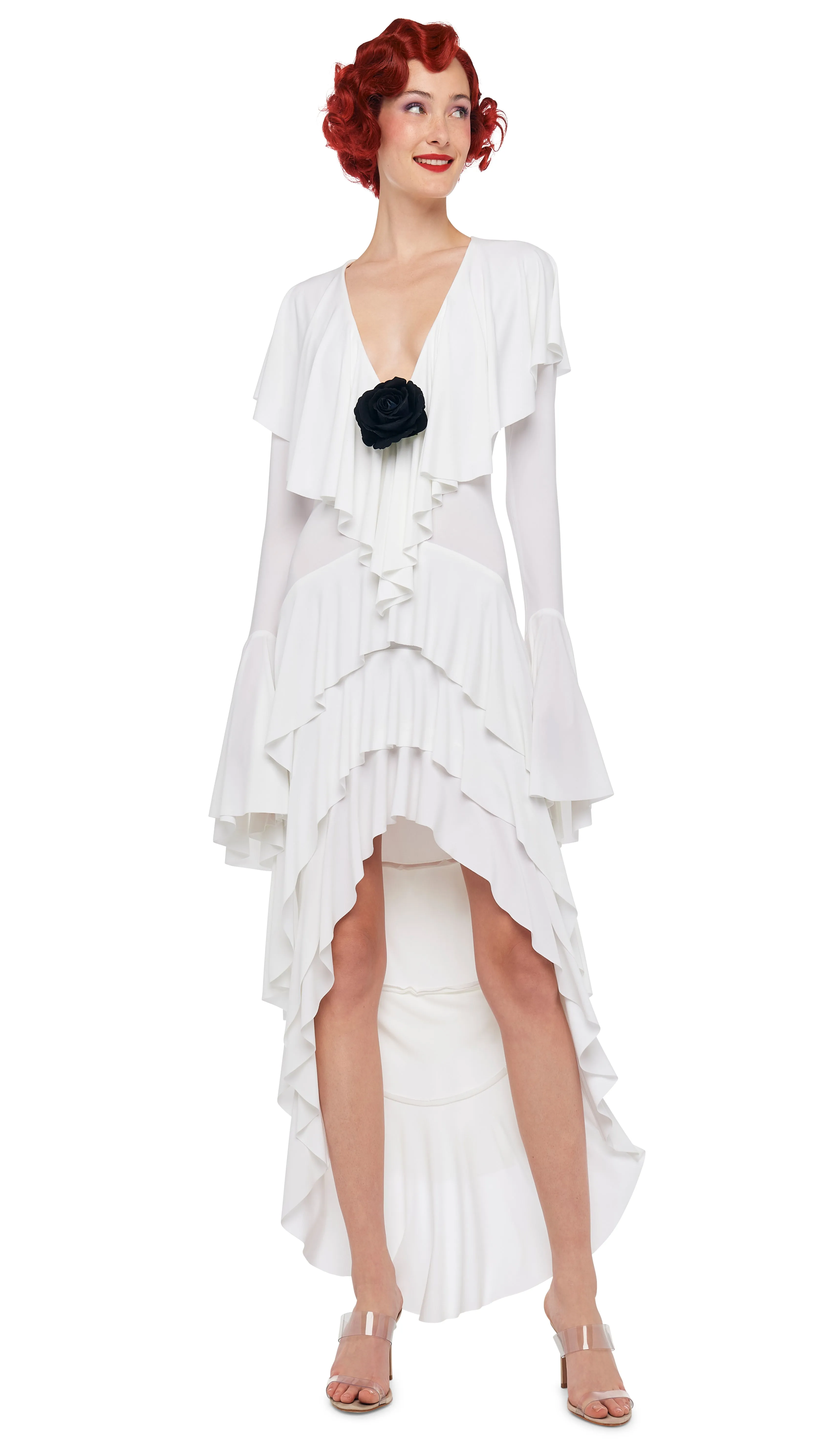 HI LOW LONG SLEEVE DEEP V RUFFLE GOWN sold by Norma Kamali