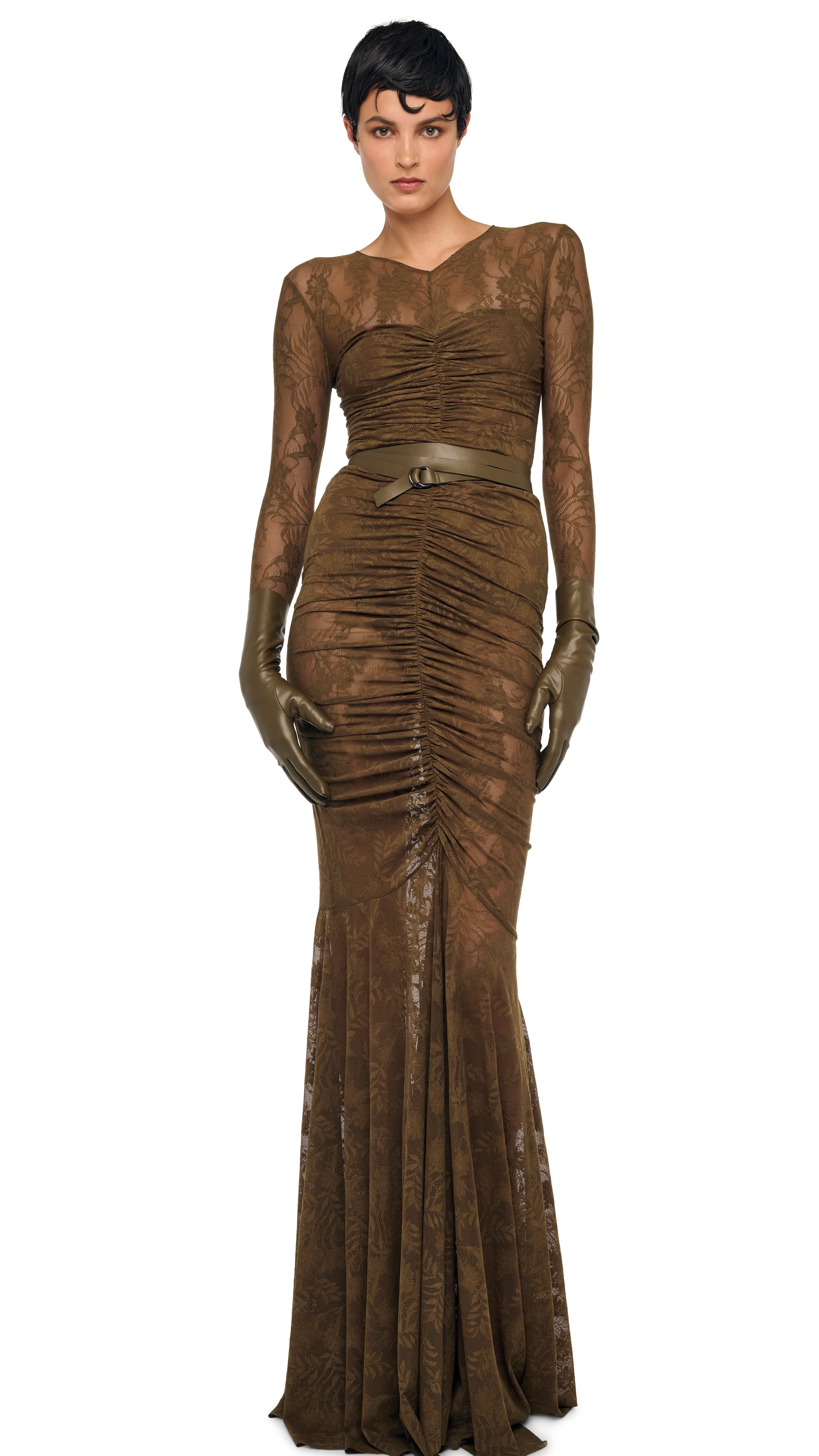V NECK SHIRRED FRONT FISHTAIL GOWN sold by Norma Kamali
