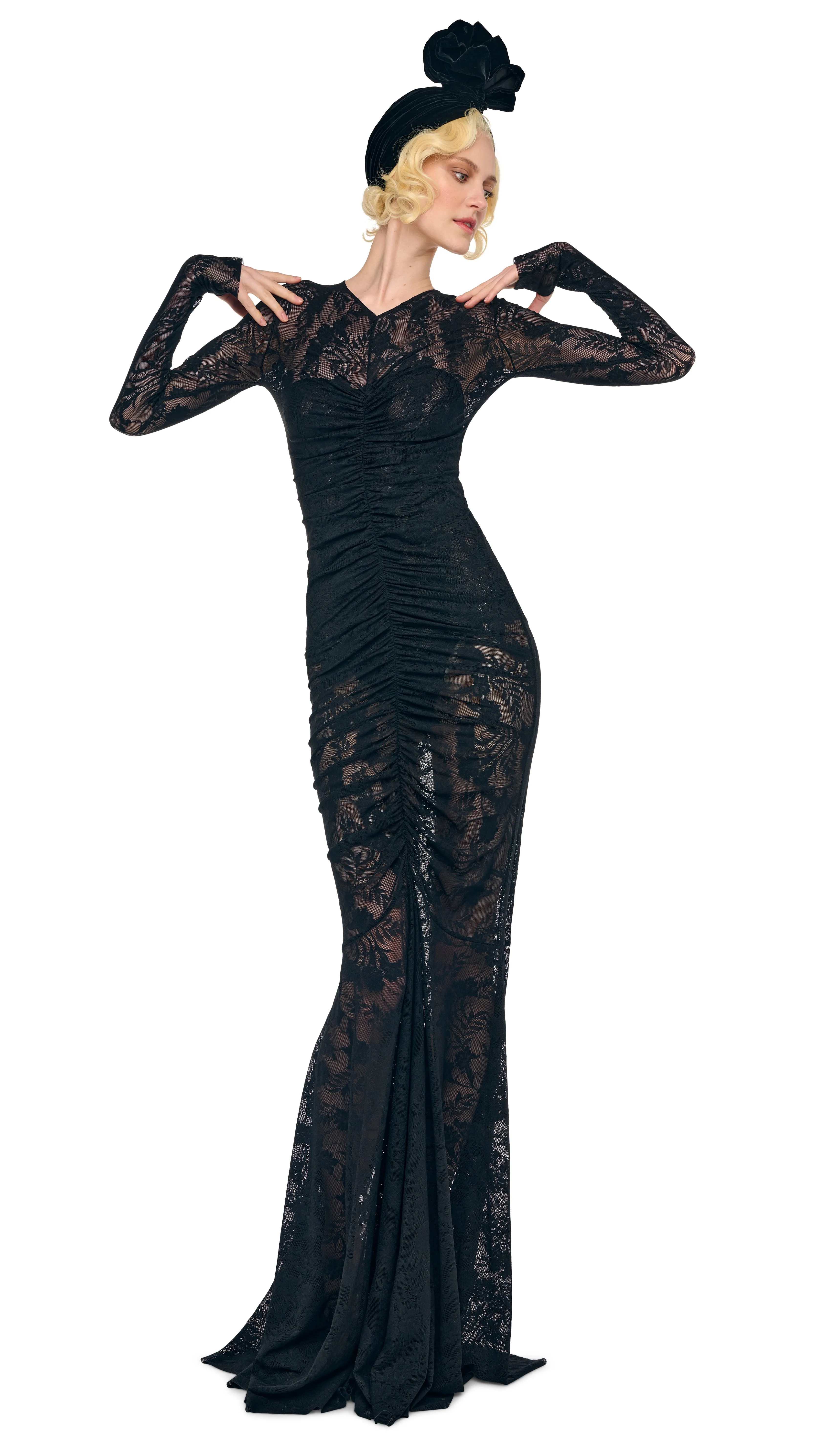 LONG SLEEVE V NECK SHIRRED FRONT FISHTAIL GOWN sold by Norma Kamali product image thumbnail 5