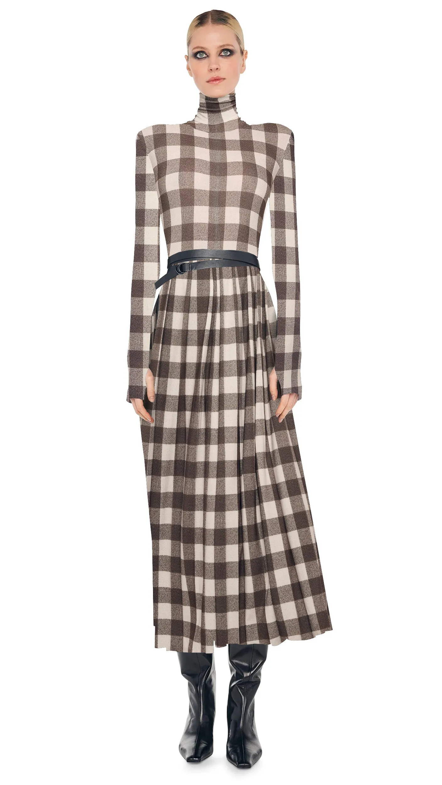 LS SHOULDER PAD TURTLE FLARED DRESS sold by Norma Kamali