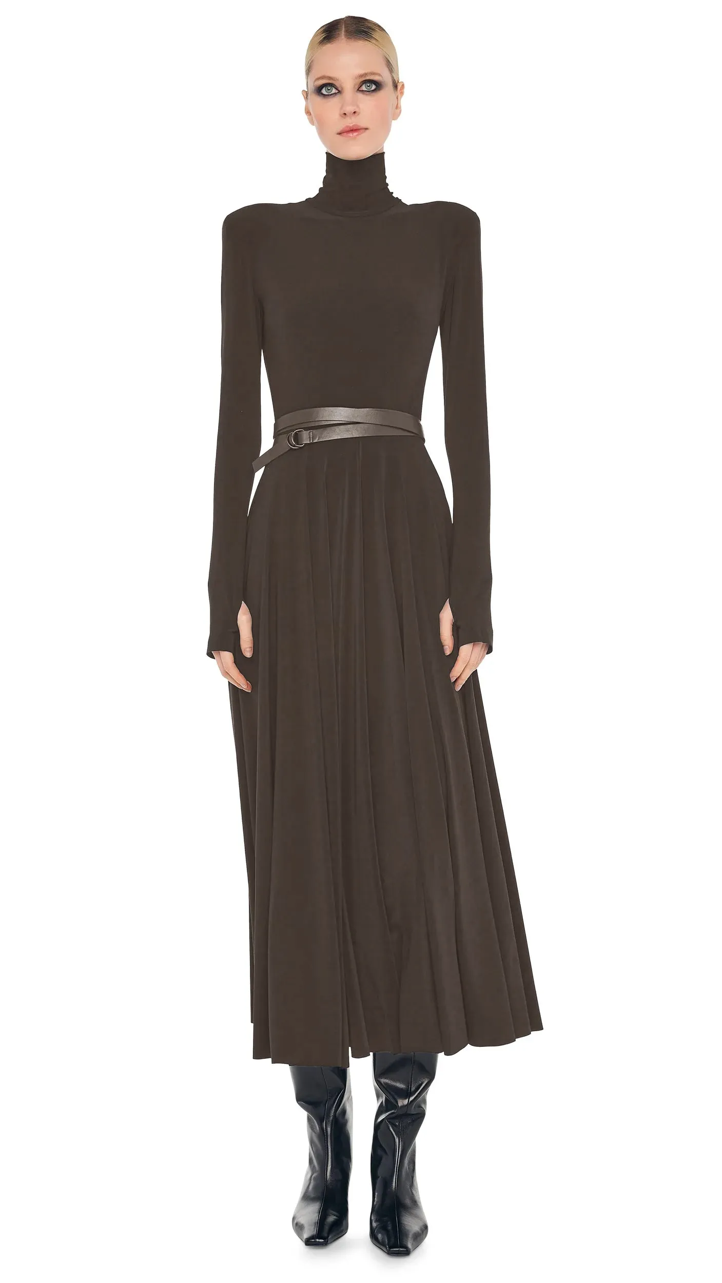 LS SHOULDER PAD TURTLE FLARED DRESS sold by Norma Kamali