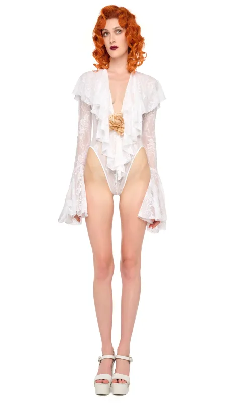 LONG SLEEVE DEEP V RUFFLE BODYSUIT sold by Norma Kamali