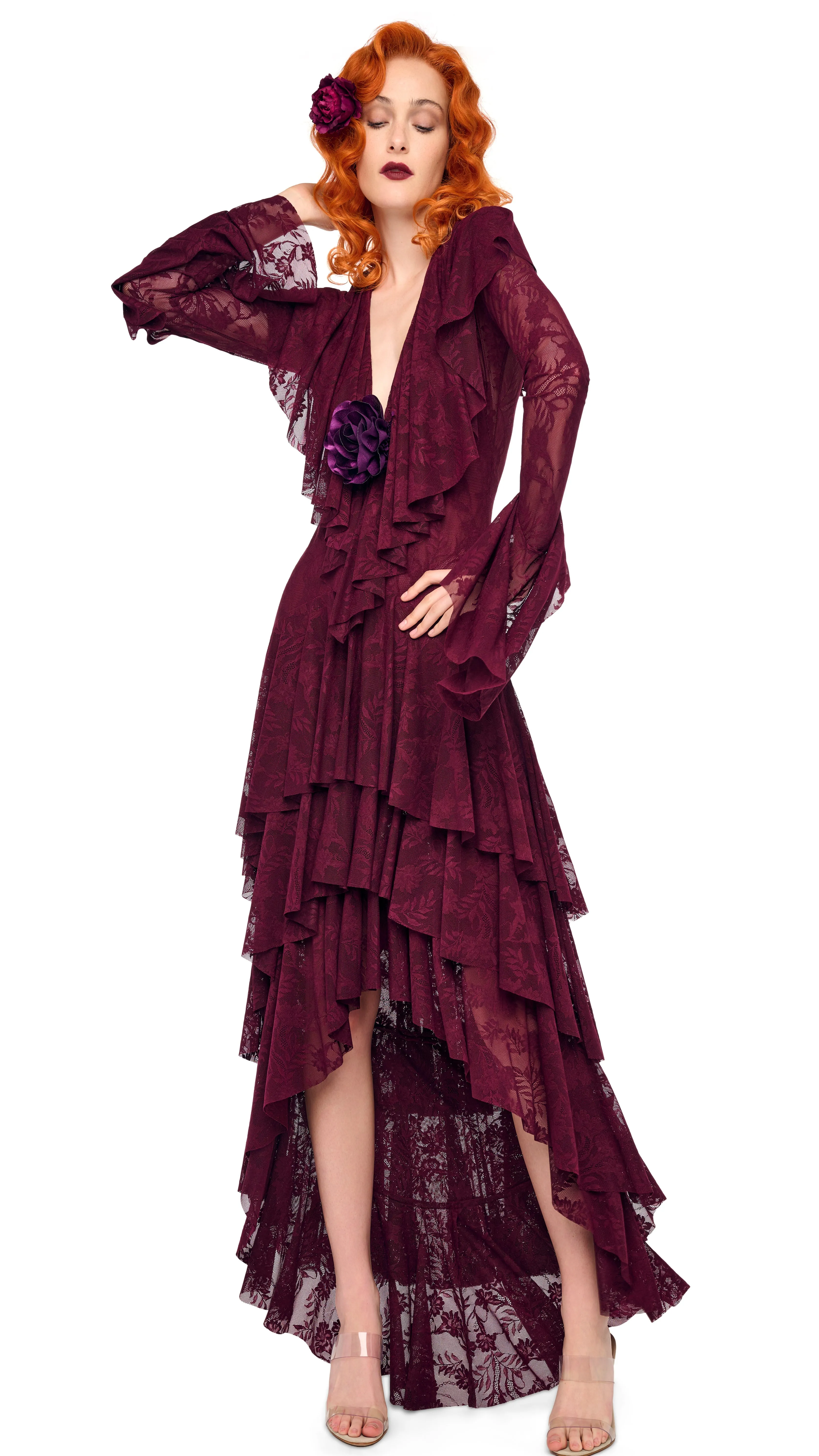HI LOW LONG SLEEVE DEEP V RUFFLE GOWN sold by Norma Kamali product image thumbnail 5