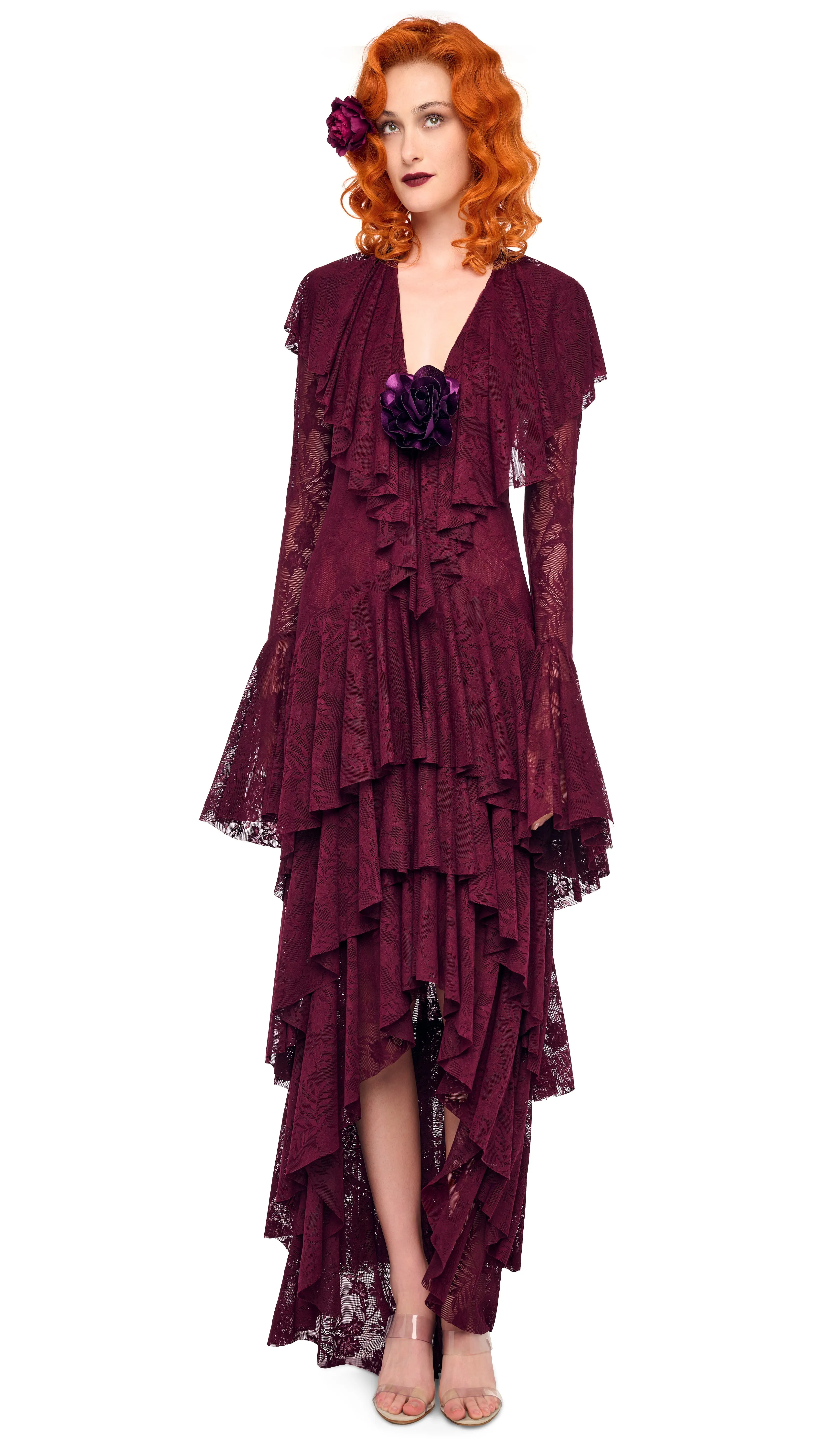 HI LOW LONG SLEEVE DEEP V RUFFLE GOWN sold by Norma Kamali