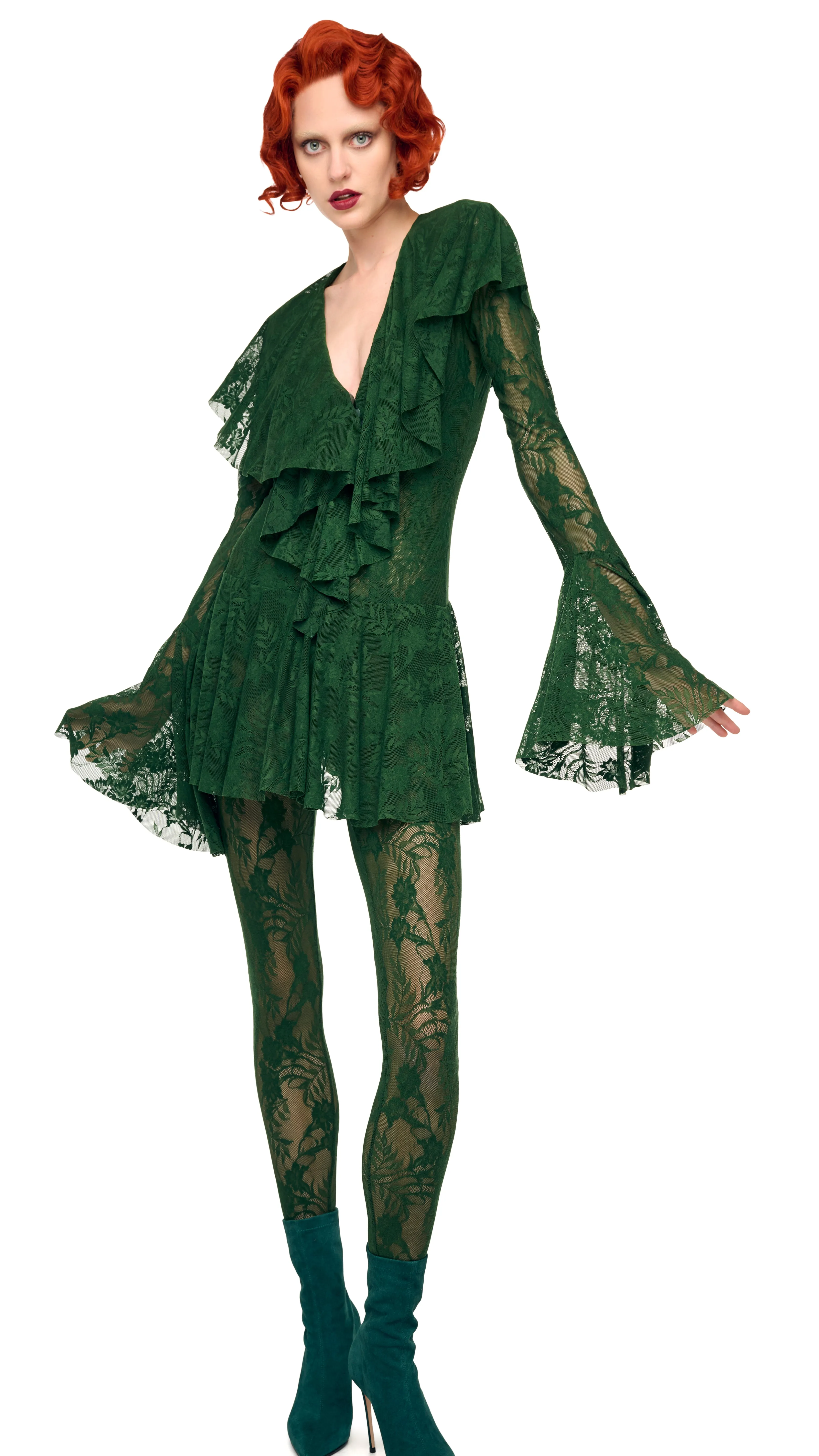 LONG SLEEVE DEEP V RUFFLE MINI DRESS sold by Norma Kamali product image thumbnail 4