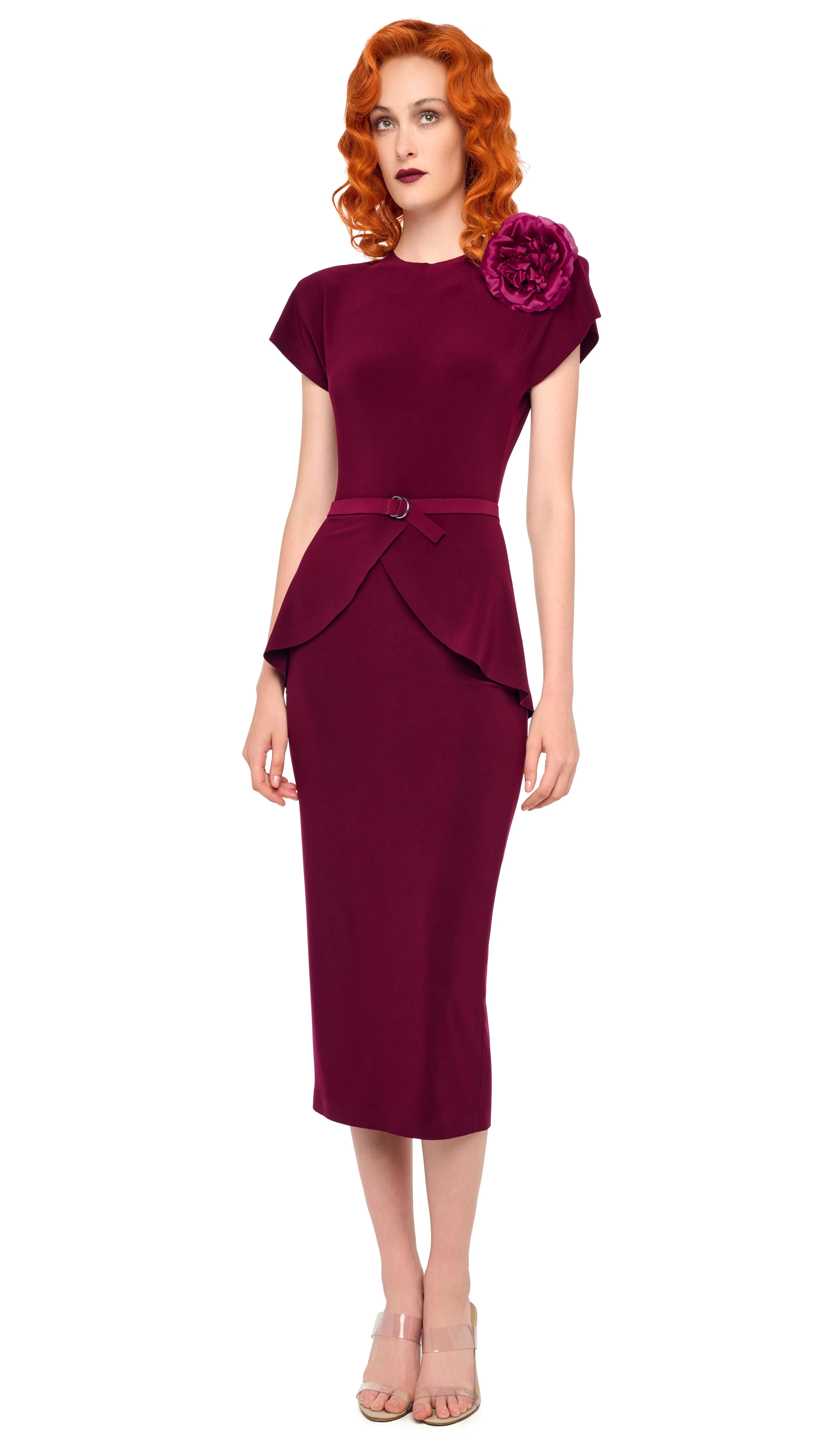 CAP SLEEVE SHOULDER PAD PEPLUM DRESS sold by Norma Kamali