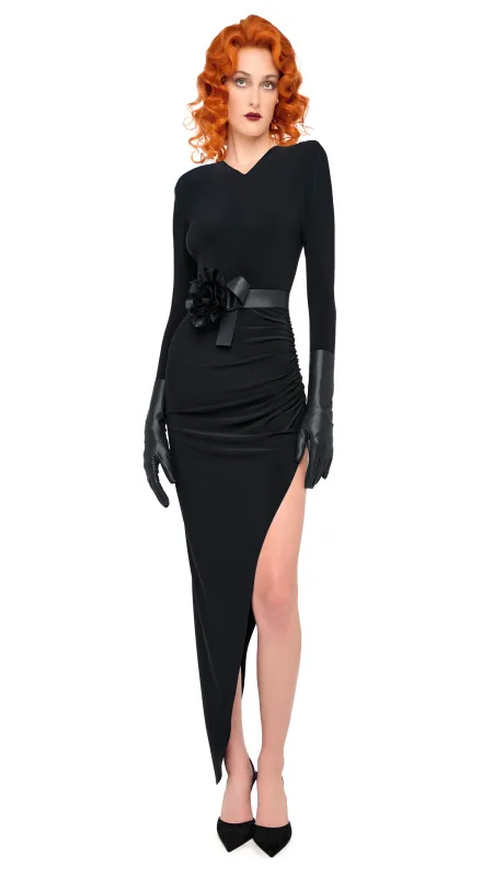 LS SHOULDER PAD V NECK SIDE DRAPE GOWN sold by Norma Kamali