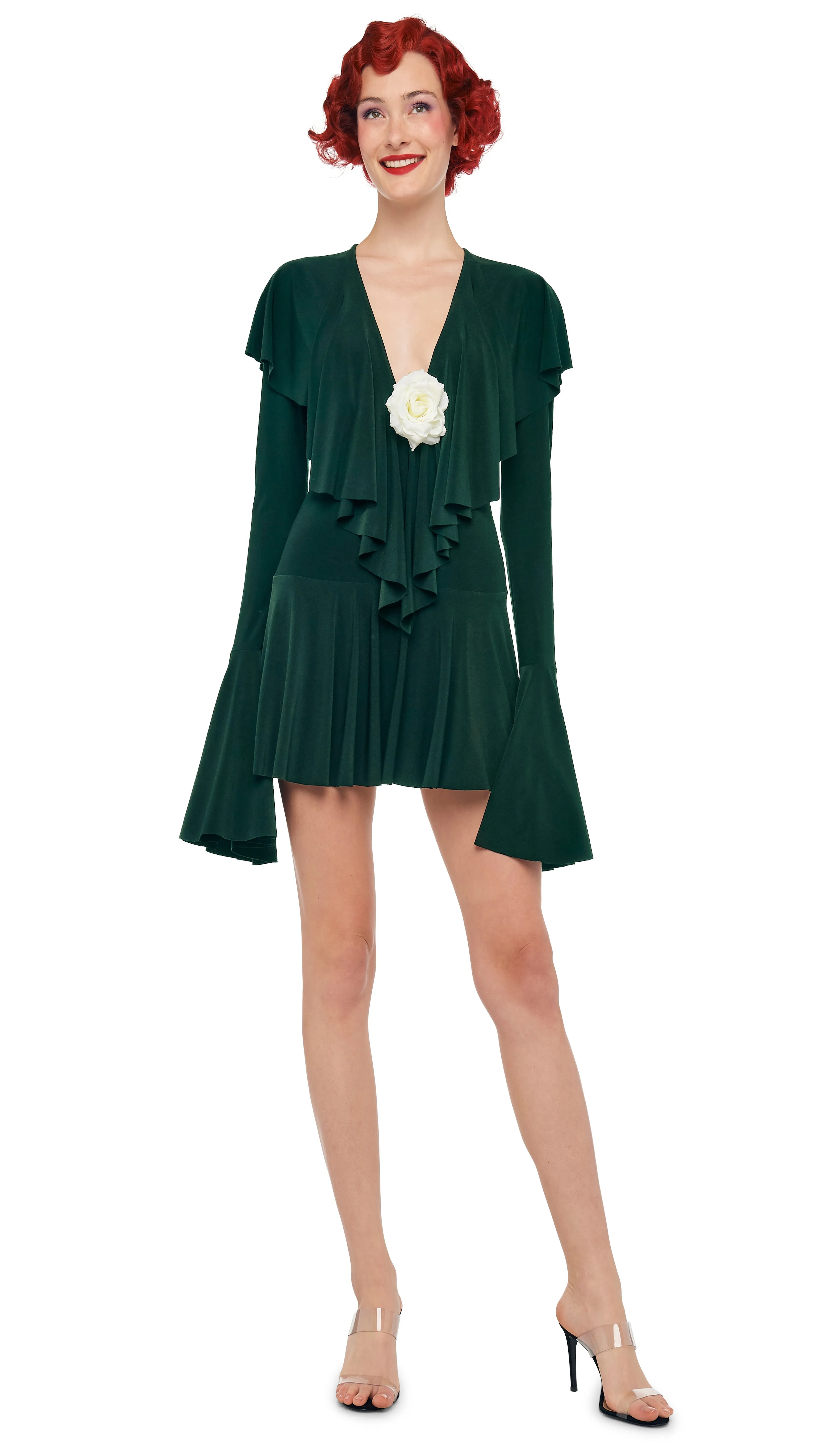 LONG SLEEVE DEEP V RUFFLE MINI DRESS sold by Norma Kamali