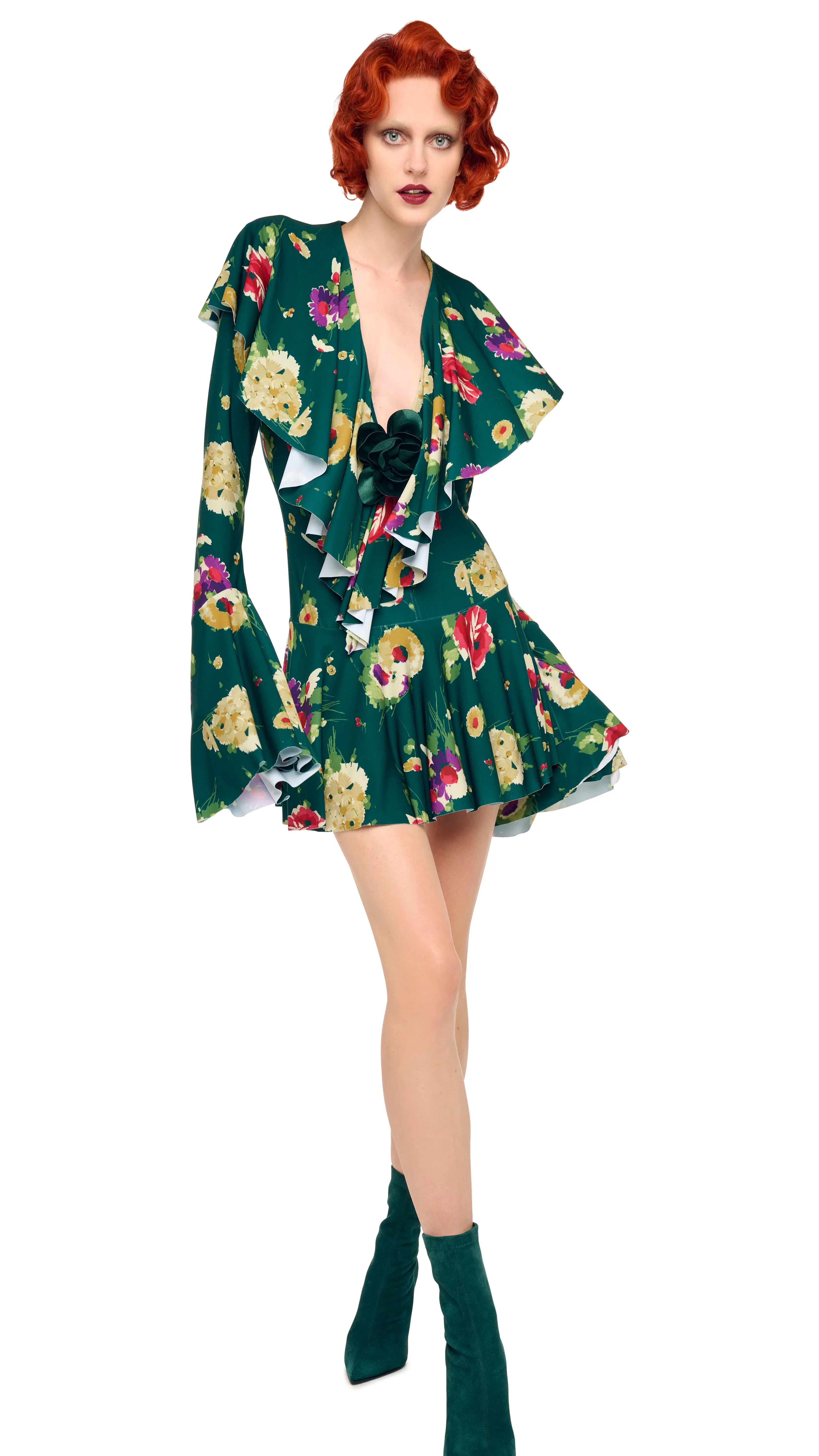 LONG SLEEVE DEEP V RUFFLE MINI DRESS sold by Norma Kamali product image thumbnail 5