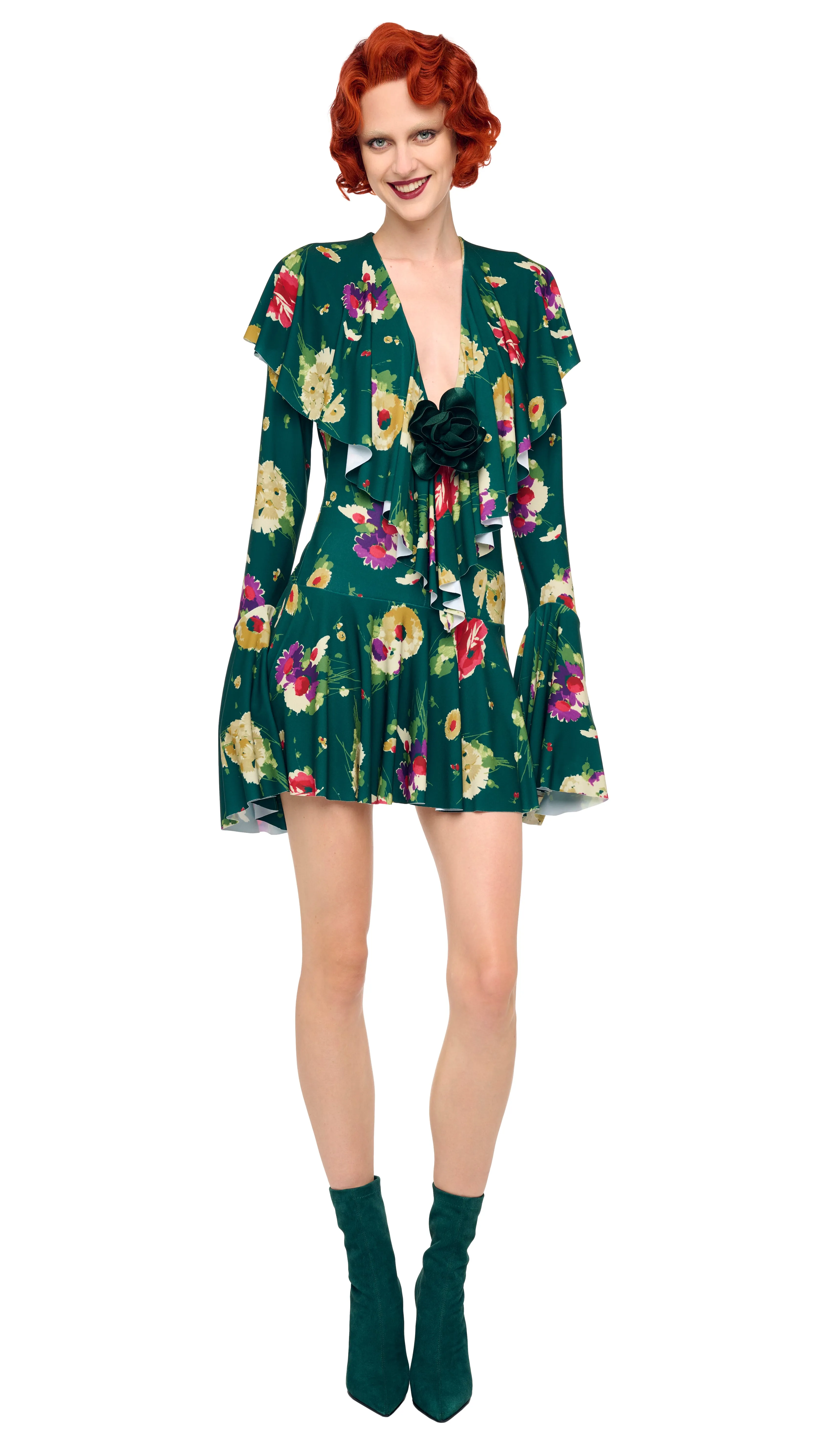 LONG SLEEVE DEEP V RUFFLE MINI DRESS sold by Norma Kamali