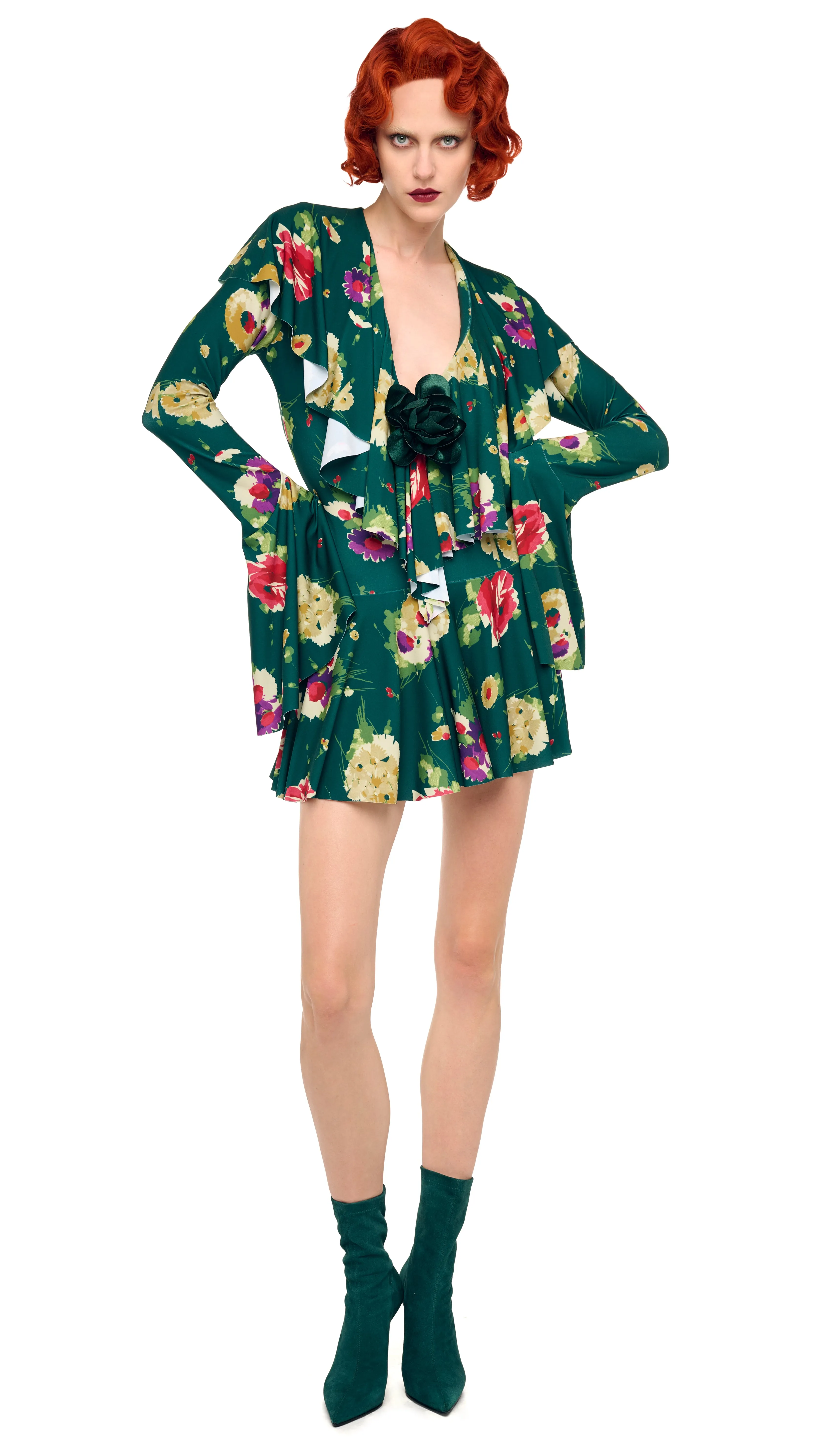 LONG SLEEVE DEEP V RUFFLE MINI DRESS sold by Norma Kamali product image thumbnail 4