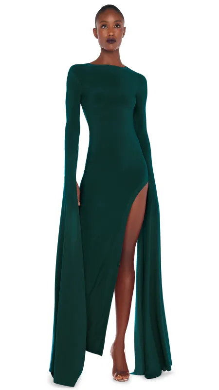 OPEN BACK RIBBON SLEEVE WIDE SLIT GOWN sold by Norma Kamali
