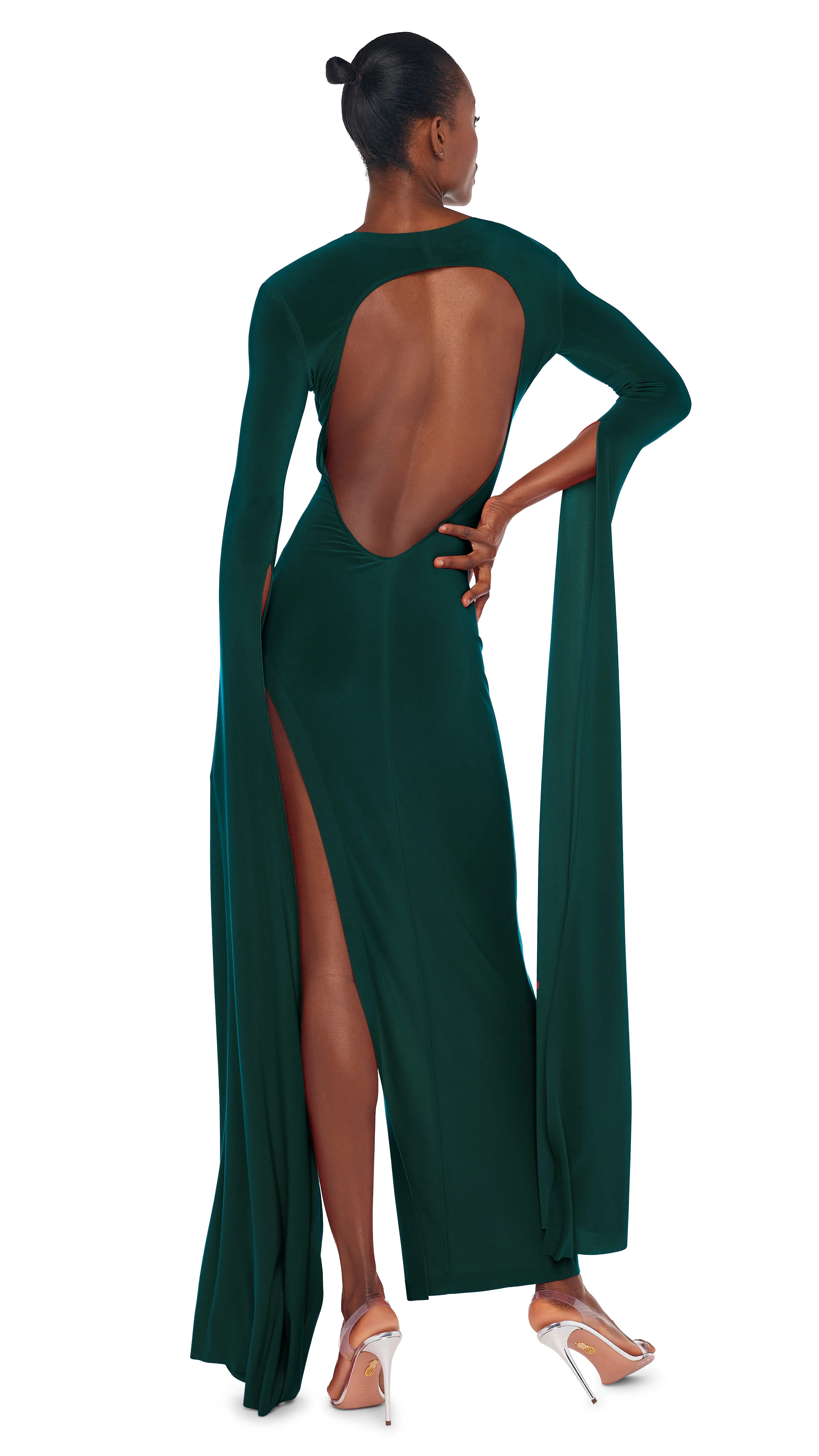 OPEN BACK RIBBON SLEEVE WIDE SLIT GOWN sold by Norma Kamali product image thumbnail 3