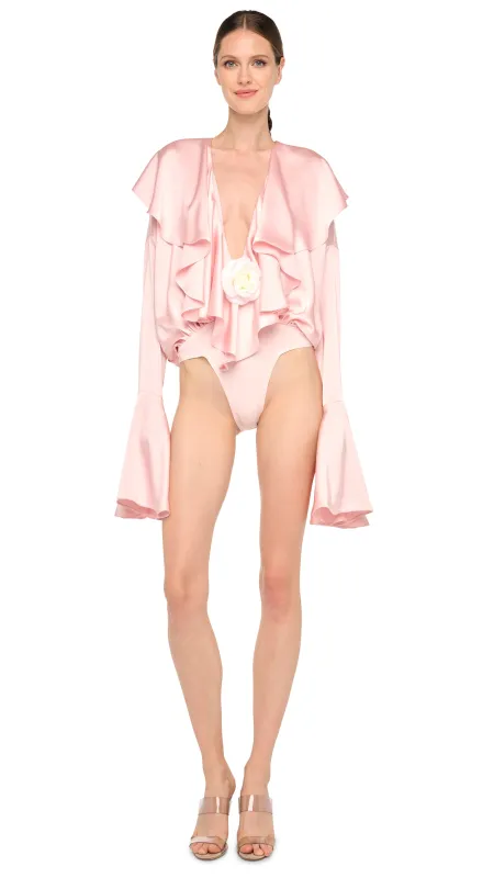 LONG SLEEVE DEEP V RUFFLE BODYSUIT sold by Norma Kamali