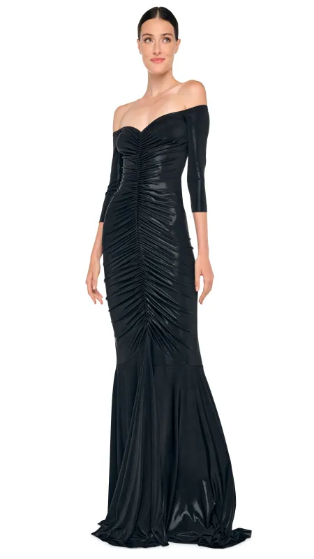 OFF SHOULDER SHIRRED FISHTAIL GOWN sold by Norma Kamali