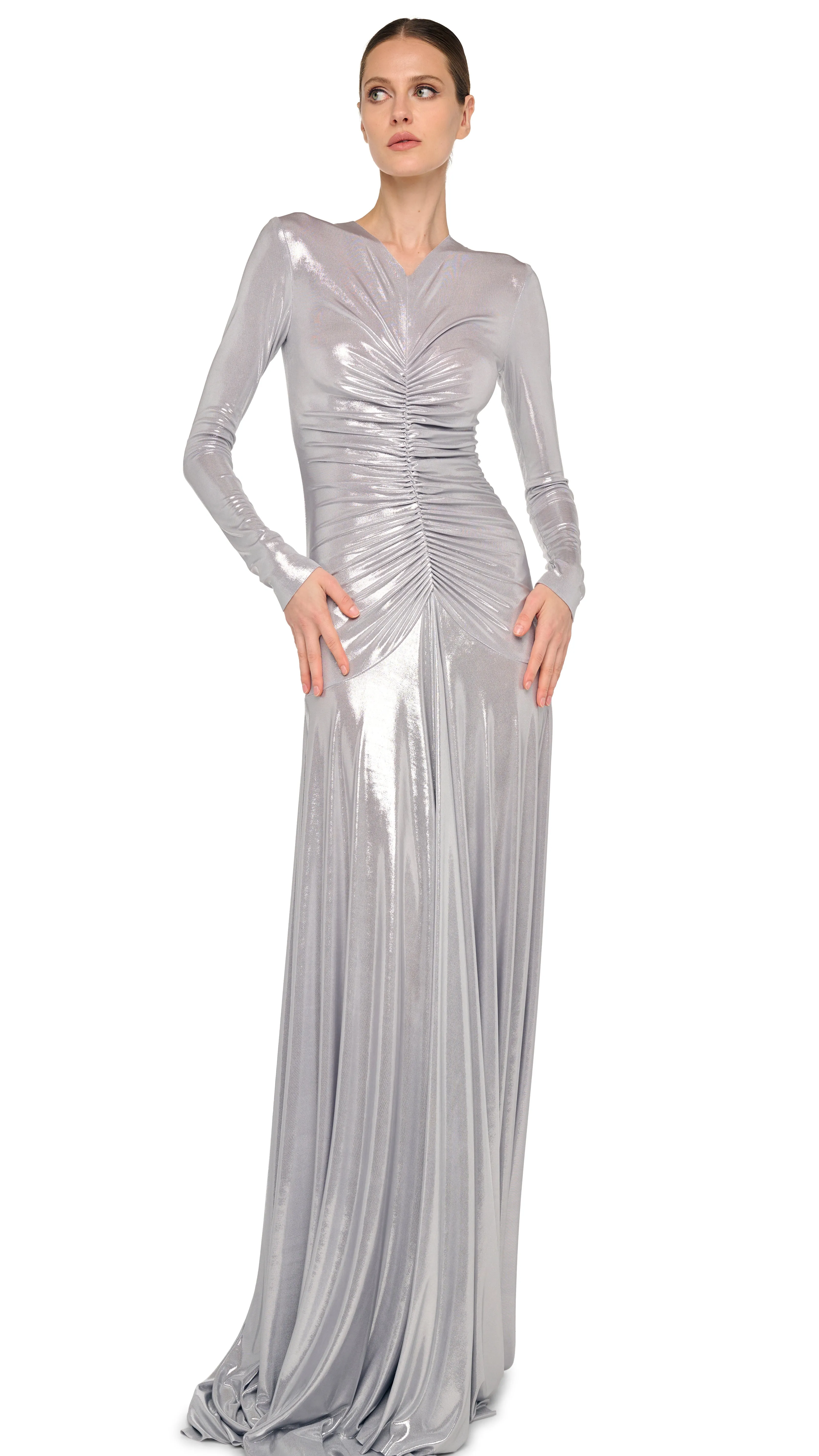 LONG SLEEVE V NECK SHIRRED FLARED GOWN sold by Norma Kamali product image thumbnail 4