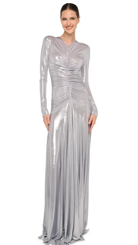 LONG SLEEVE V NECK SHIRRED FLARED GOWN sold by Norma Kamali