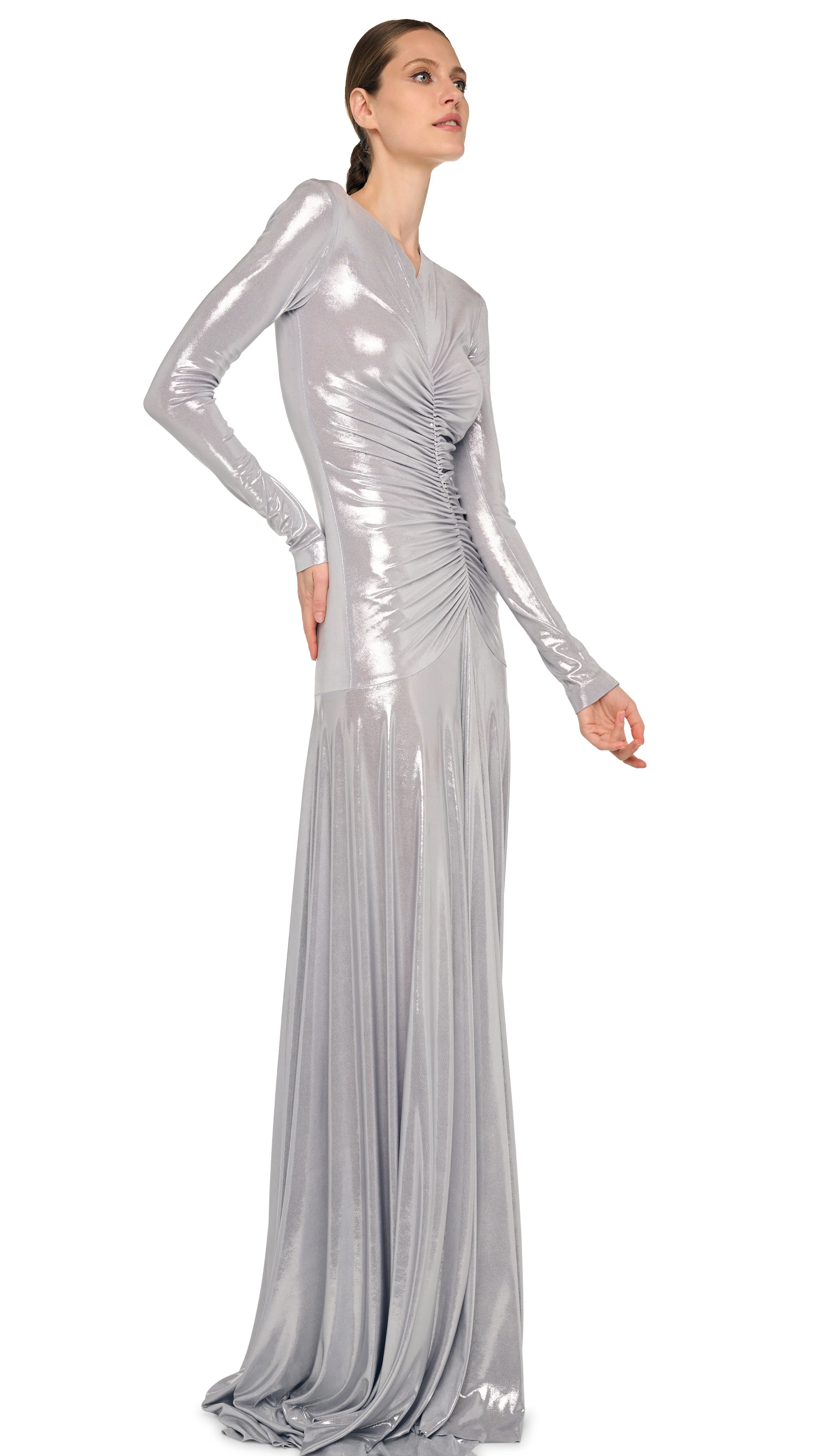 LONG SLEEVE V NECK SHIRRED FLARED GOWN sold by Norma Kamali product image thumbnail 5