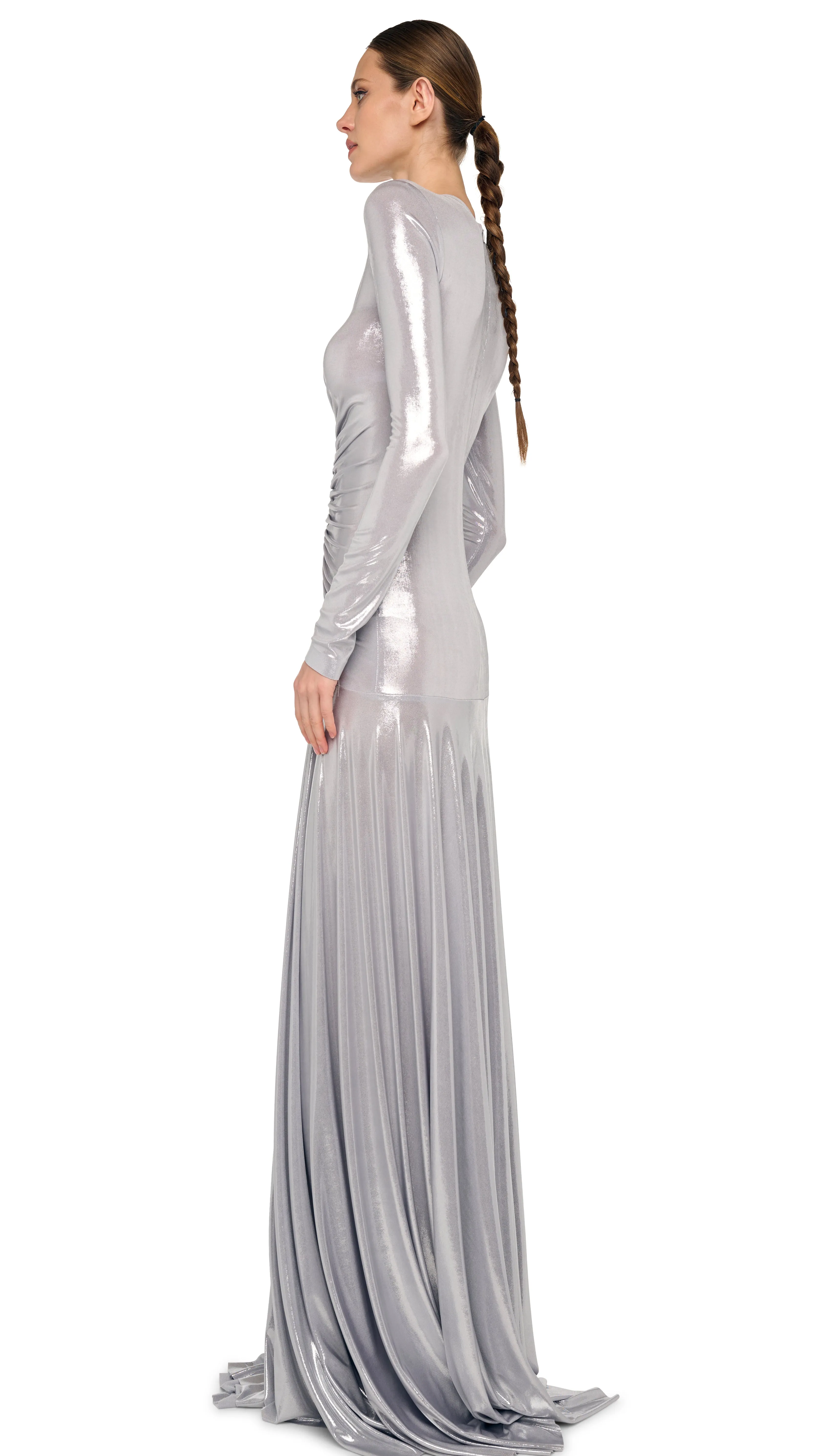 LONG SLEEVE V NECK SHIRRED FLARED GOWN sold by Norma Kamali product image thumbnail 2