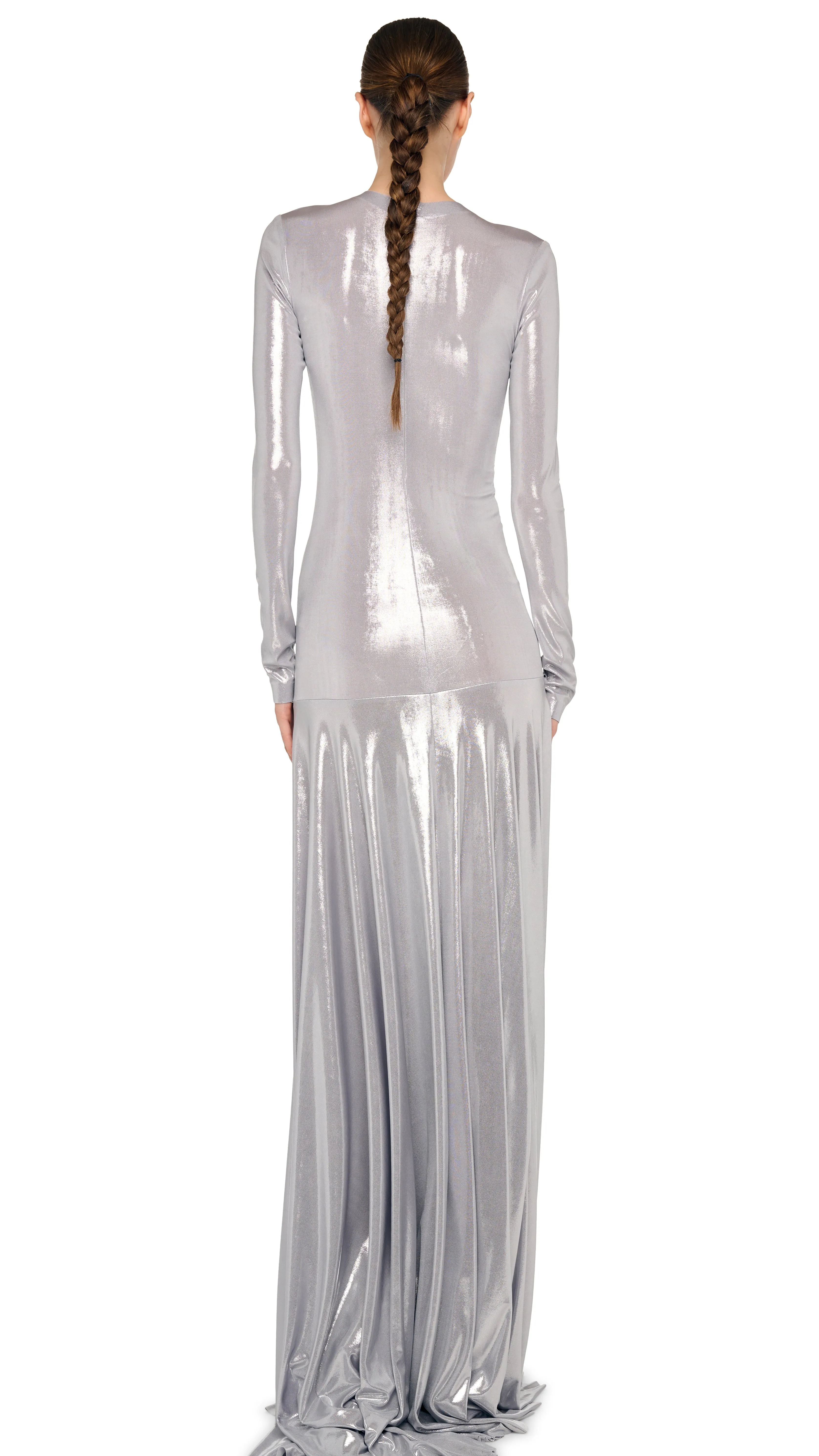 LONG SLEEVE V NECK SHIRRED FLARED GOWN sold by Norma Kamali product image thumbnail 3