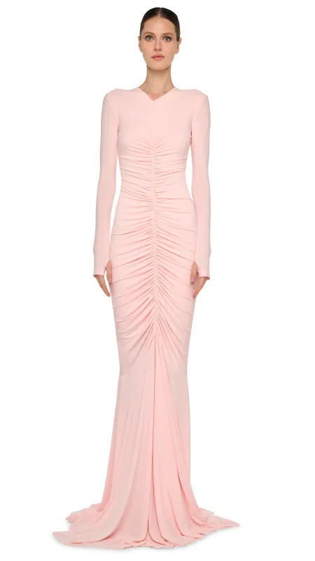 LONG SLEEVE V NECK SHIRRED FISHTAIL GOWN sold by Norma Kamali
