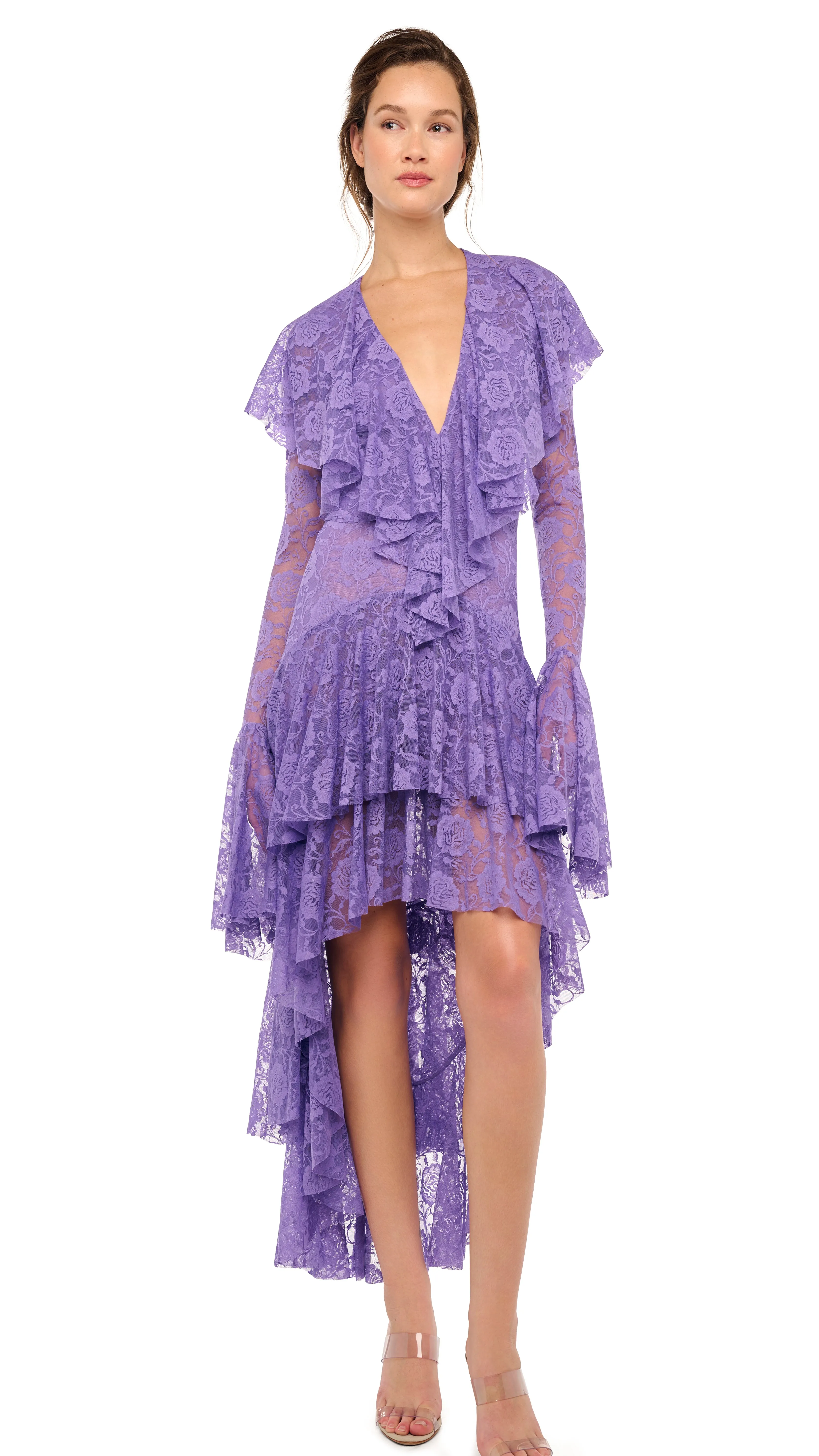 HI LOW LONG SLEEVE DEEP V RUFFLE GOWN sold by Norma Kamali product image thumbnail 4