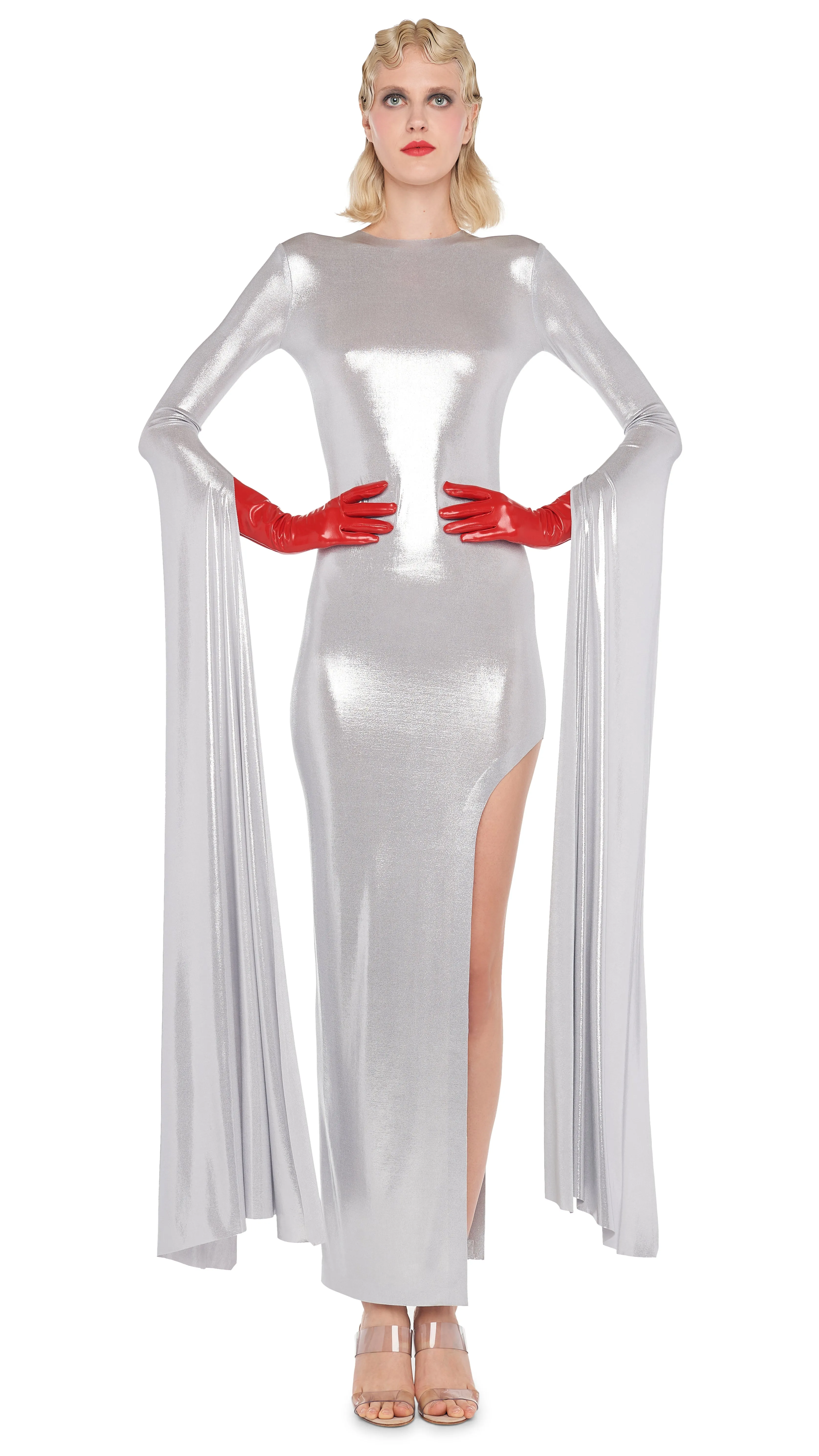 RIBBON SLEEVE WIDE SLIT GOWN sold by Norma Kamali