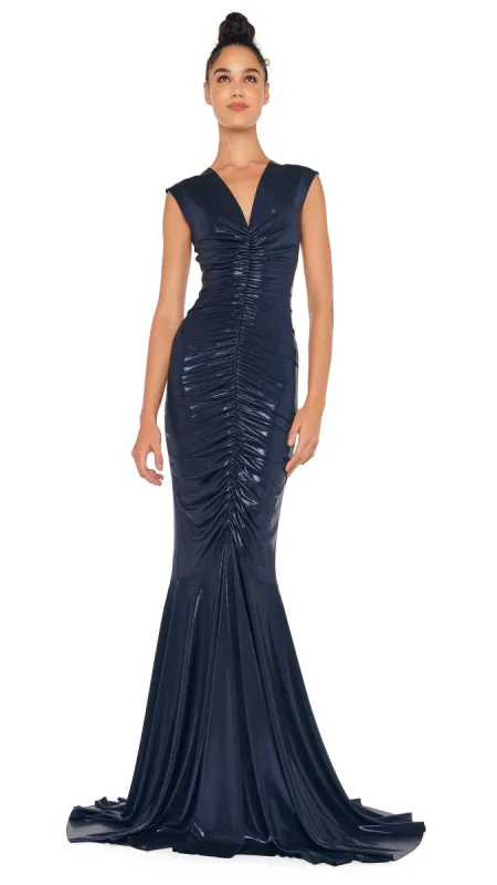 DEEP V NECK SHIRRED FISHTAIL GOWN sold by Norma Kamali