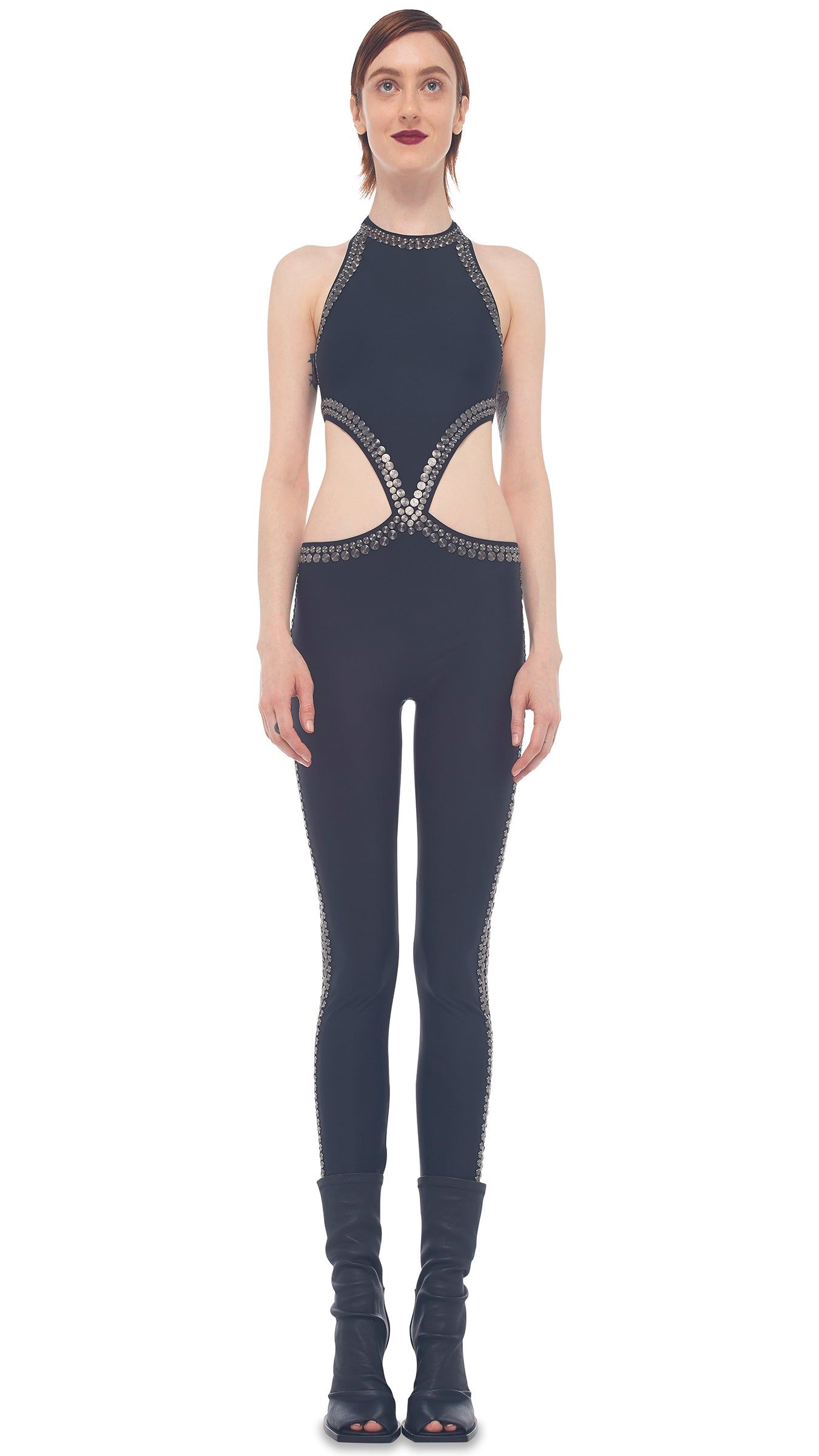 GUNMETAL STUD CHUCK CATSUIT sold by Norma Kamali