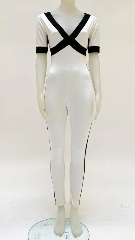 SIDE STRIPE SHORT SLEEVE CATSUIT sold by Norma Kamali