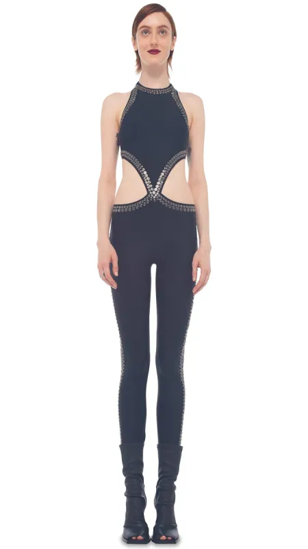 GUNMETAL STUD CHUCK CATSUIT sold by Norma Kamali