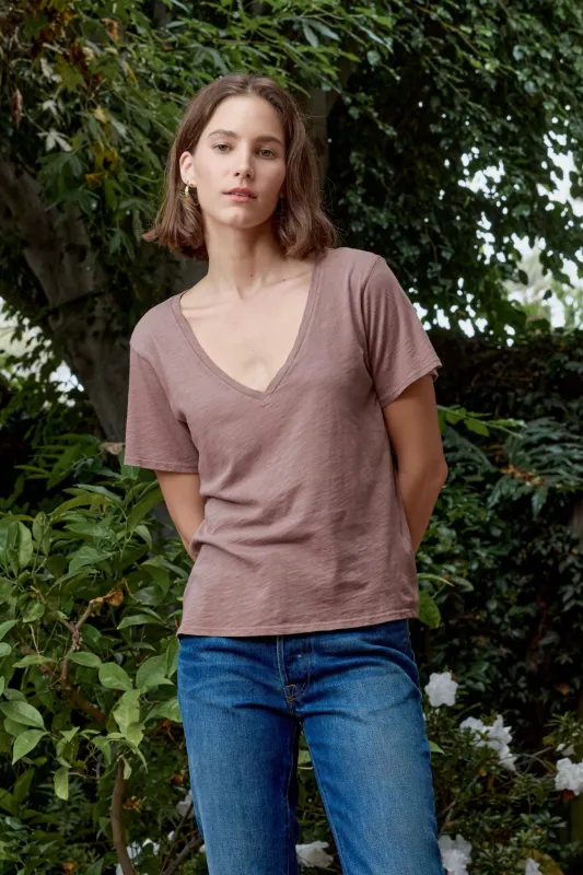 NSF Layla Relaxed V Neck Slub Jersey Tee - Deep Taupe sold by NSF