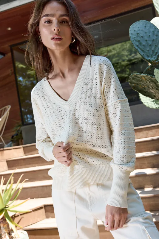 NSF Pheobe Viscose Blend Crochet V Neck Sweater - Chalk sold by NSF