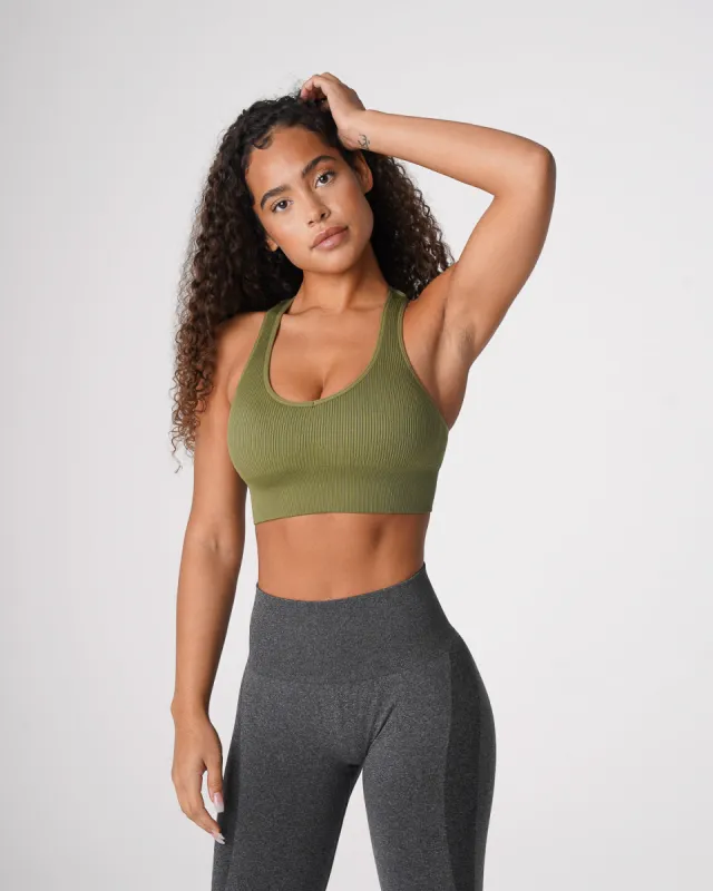 Khaki Green Galaxy Ribbed Seamless Bra sold by NVGTN