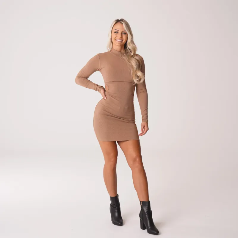 Mocha Into You Ribbed Mock Turtleneck Midi Dress sold by NVGTN