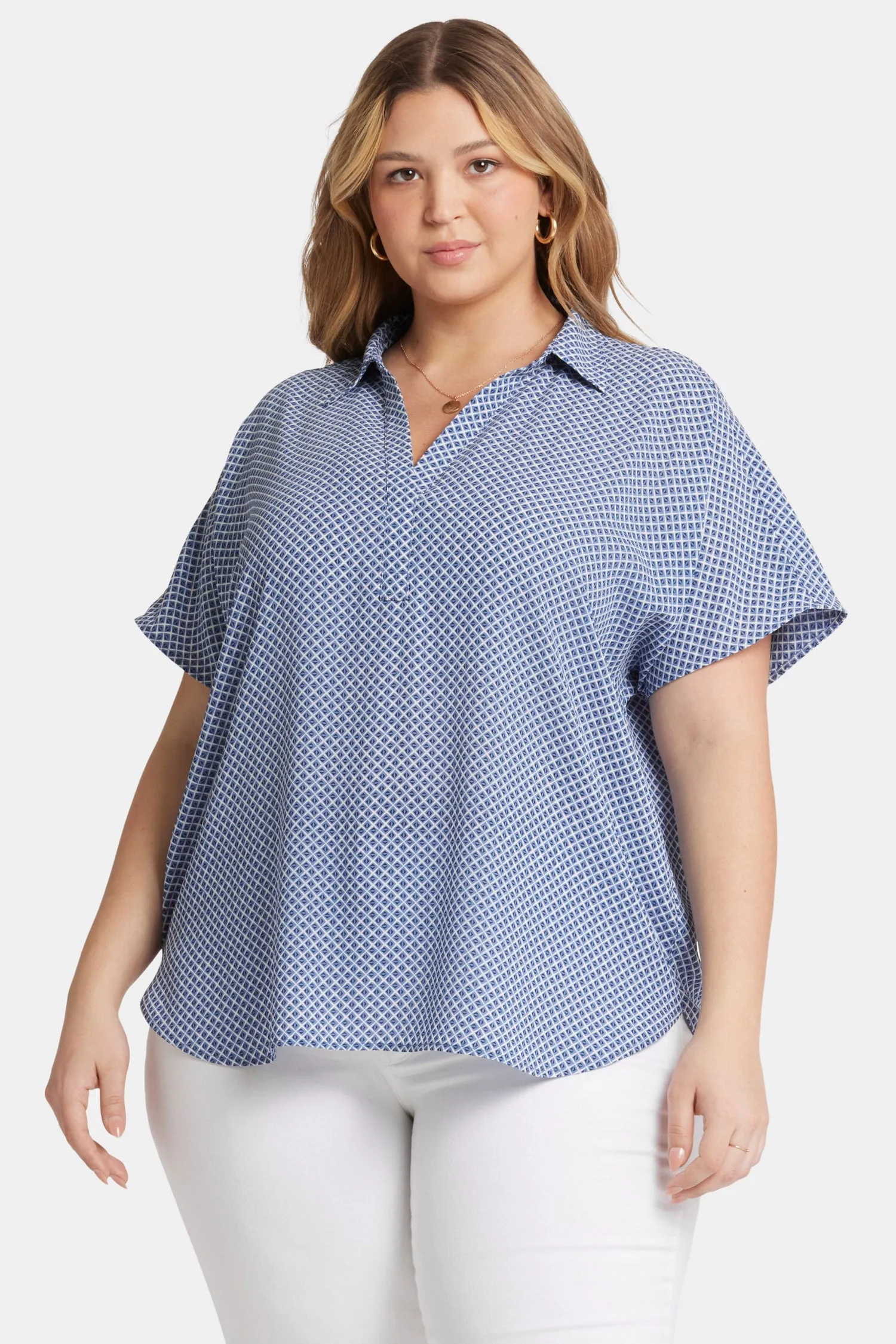Becky Short Sleeved Blouse In Plus Size - Heritage Geo Prussian Navy sold by NYDJ product image thumbnail 4