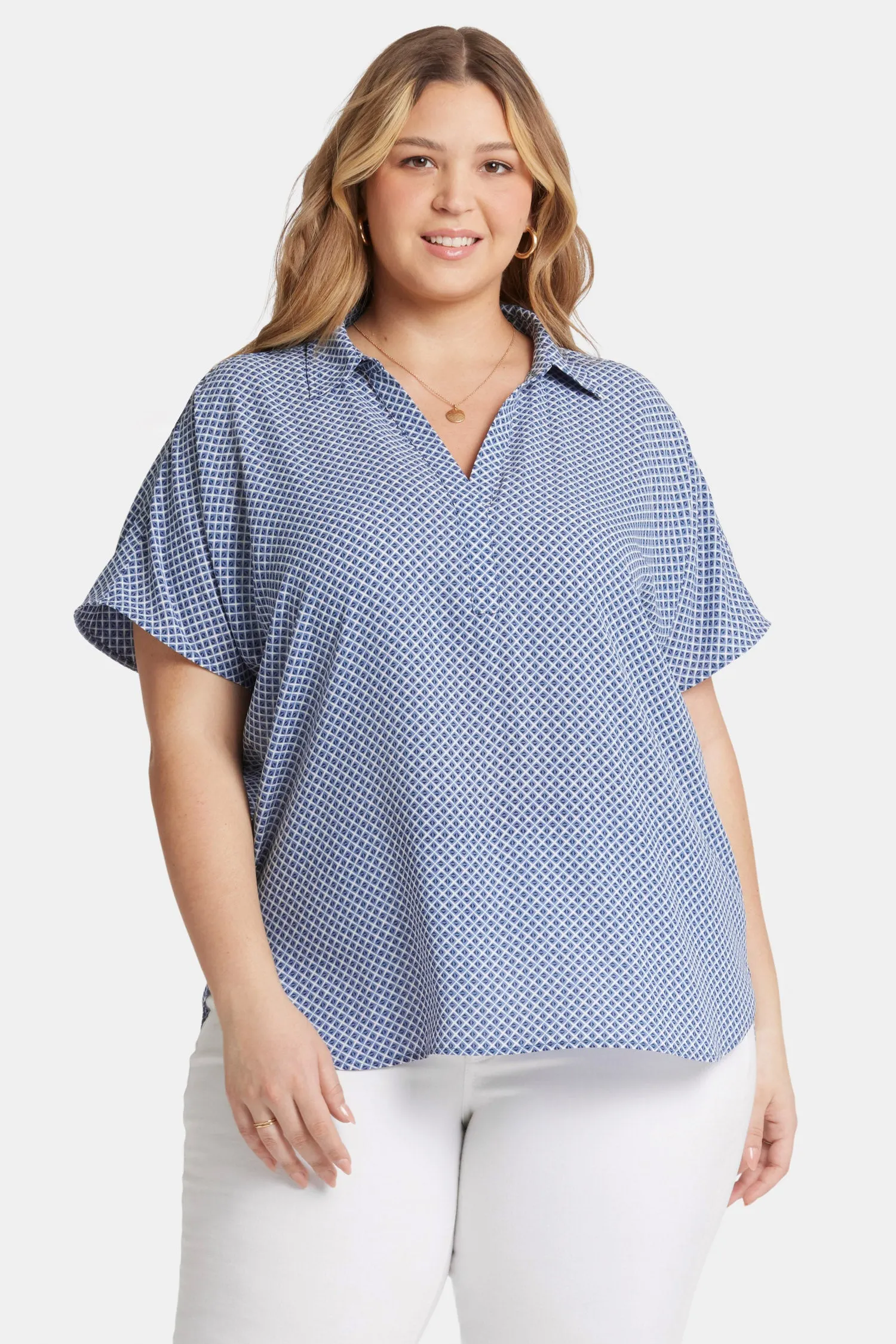 Becky Short Sleeved Blouse In Plus Size - Heritage Geo Prussian Navy sold by NYDJ