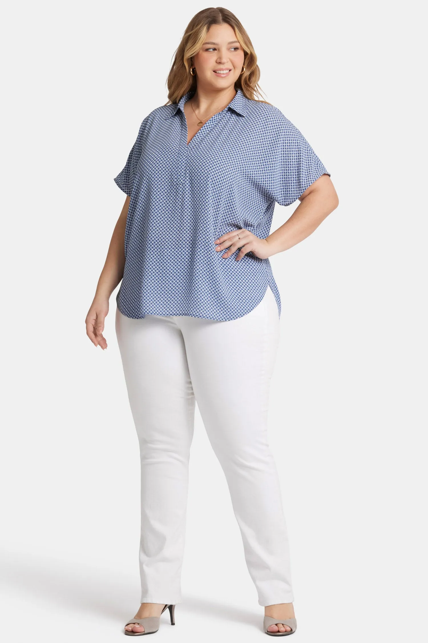 Becky Short Sleeved Blouse In Plus Size - Heritage Geo Prussian Navy sold by NYDJ product image thumbnail 5