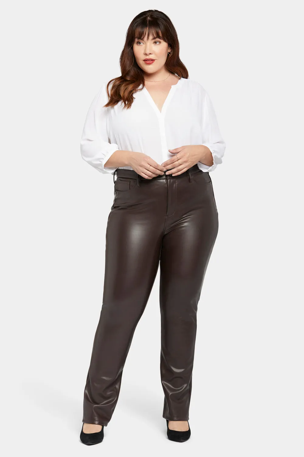 Faux Leather Marilyn Straight Pants In Plus Size - Cordovan sold by NYDJ