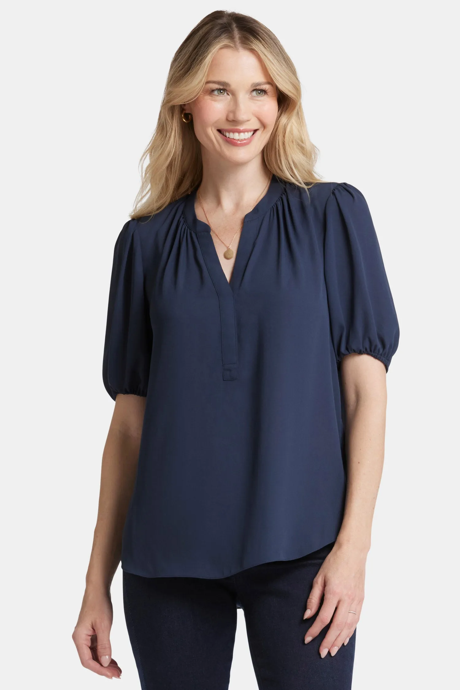 Short Puff Sleeve Popover Top - Oxford Navy sold by NYDJ product image thumbnail 4