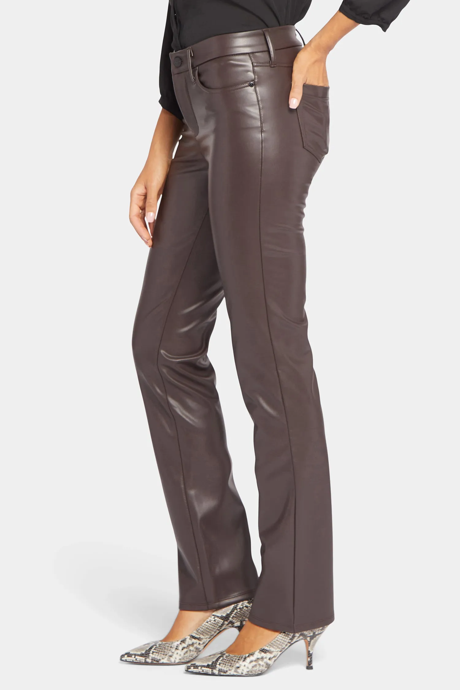 Faux Leather Marilyn Straight Pants In Petite - Cordovan sold by NYDJ product image thumbnail 3