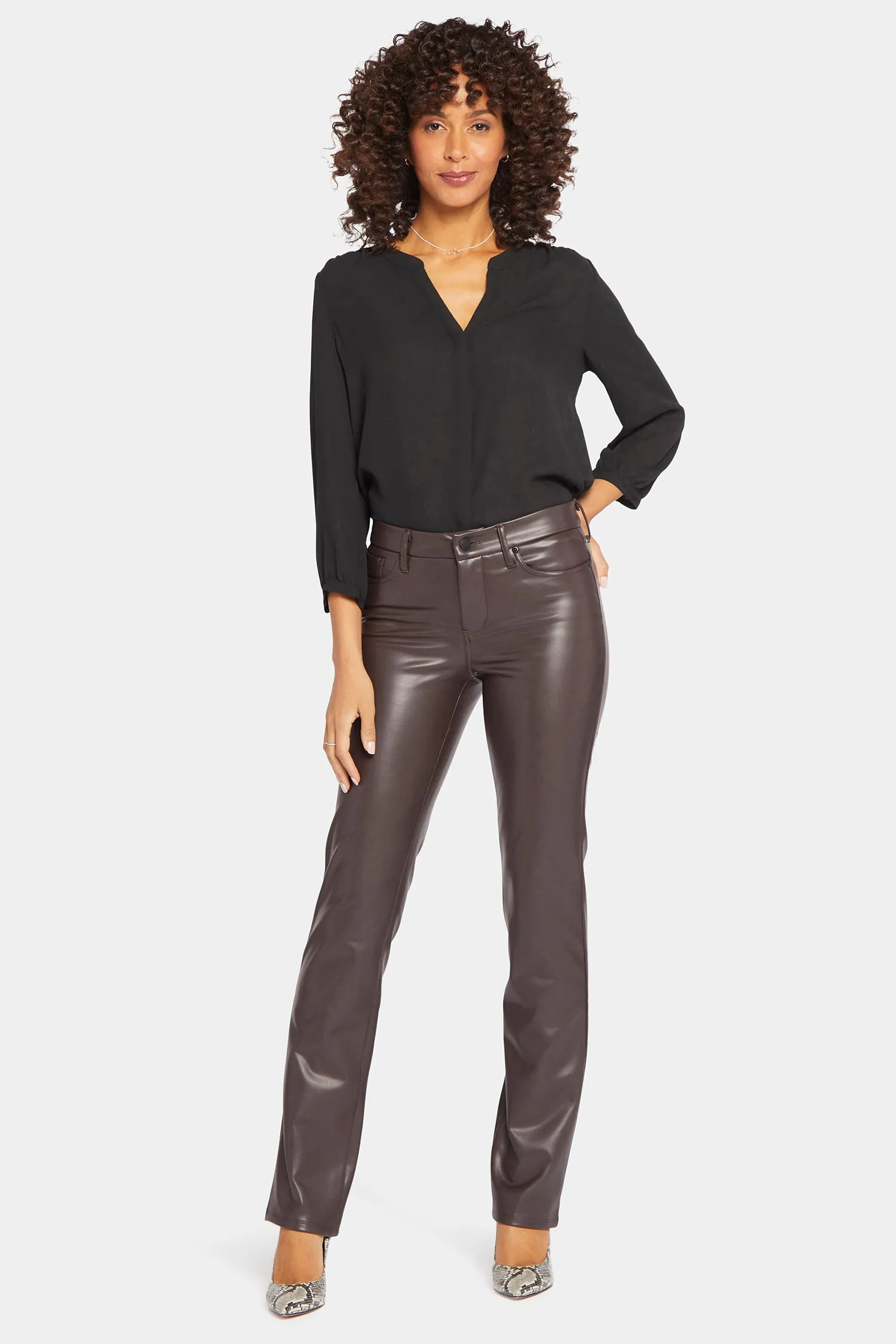 Faux Leather Marilyn Straight Pants In Petite - Cordovan sold by NYDJ product image thumbnail 4