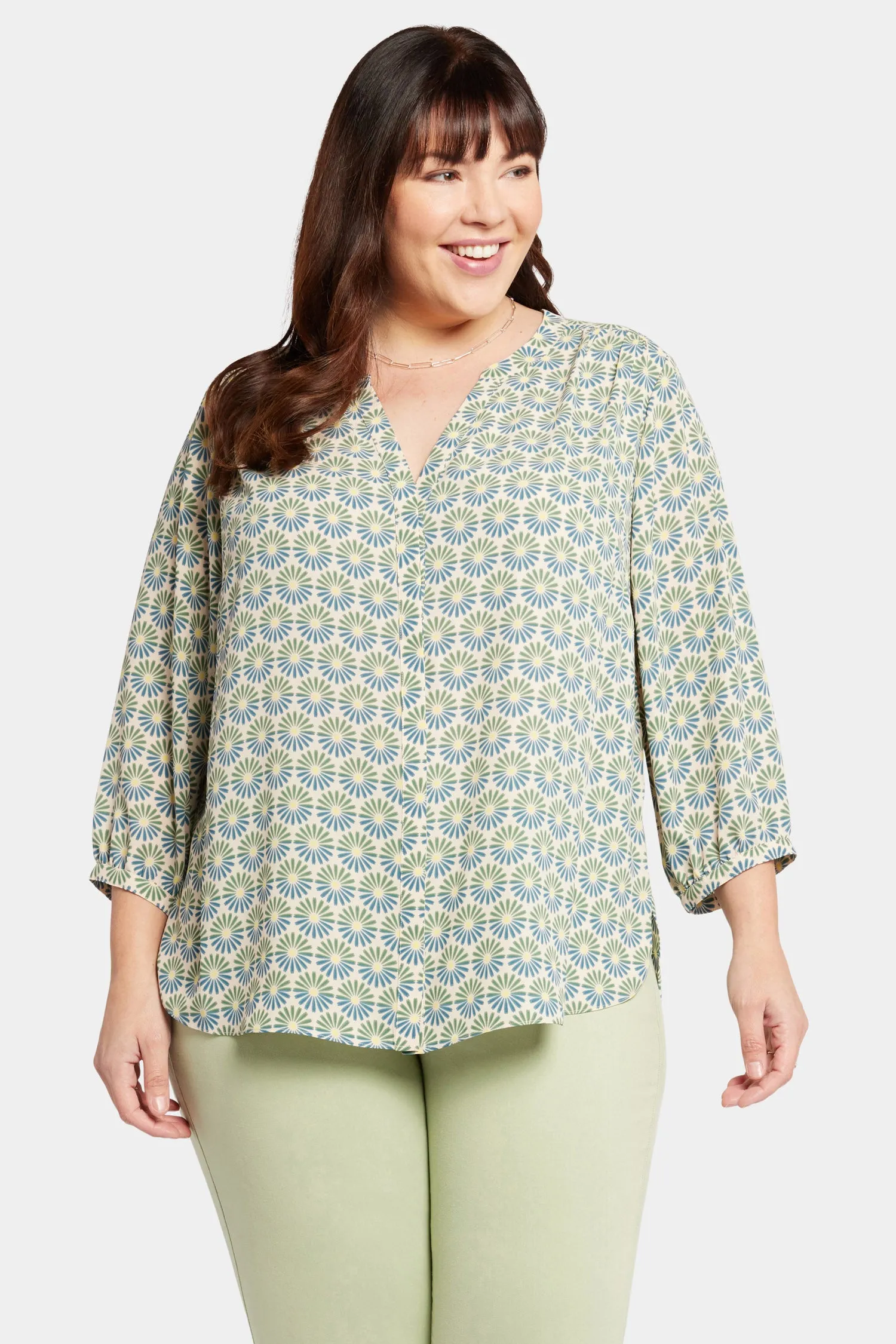 Pintuck Blouse In Plus Size - Blue Blossoms sold by NYDJ
