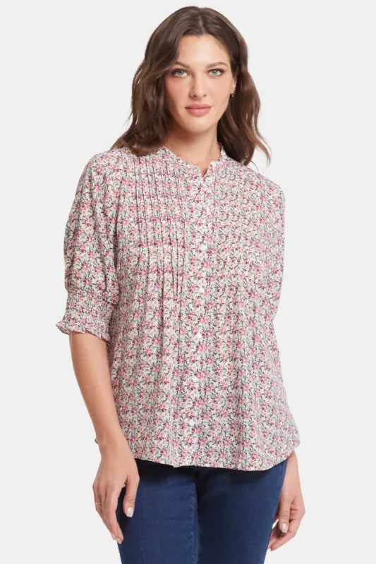 Pleated Short Sleeved Blouse - Woodland Blooms sold by NYDJ