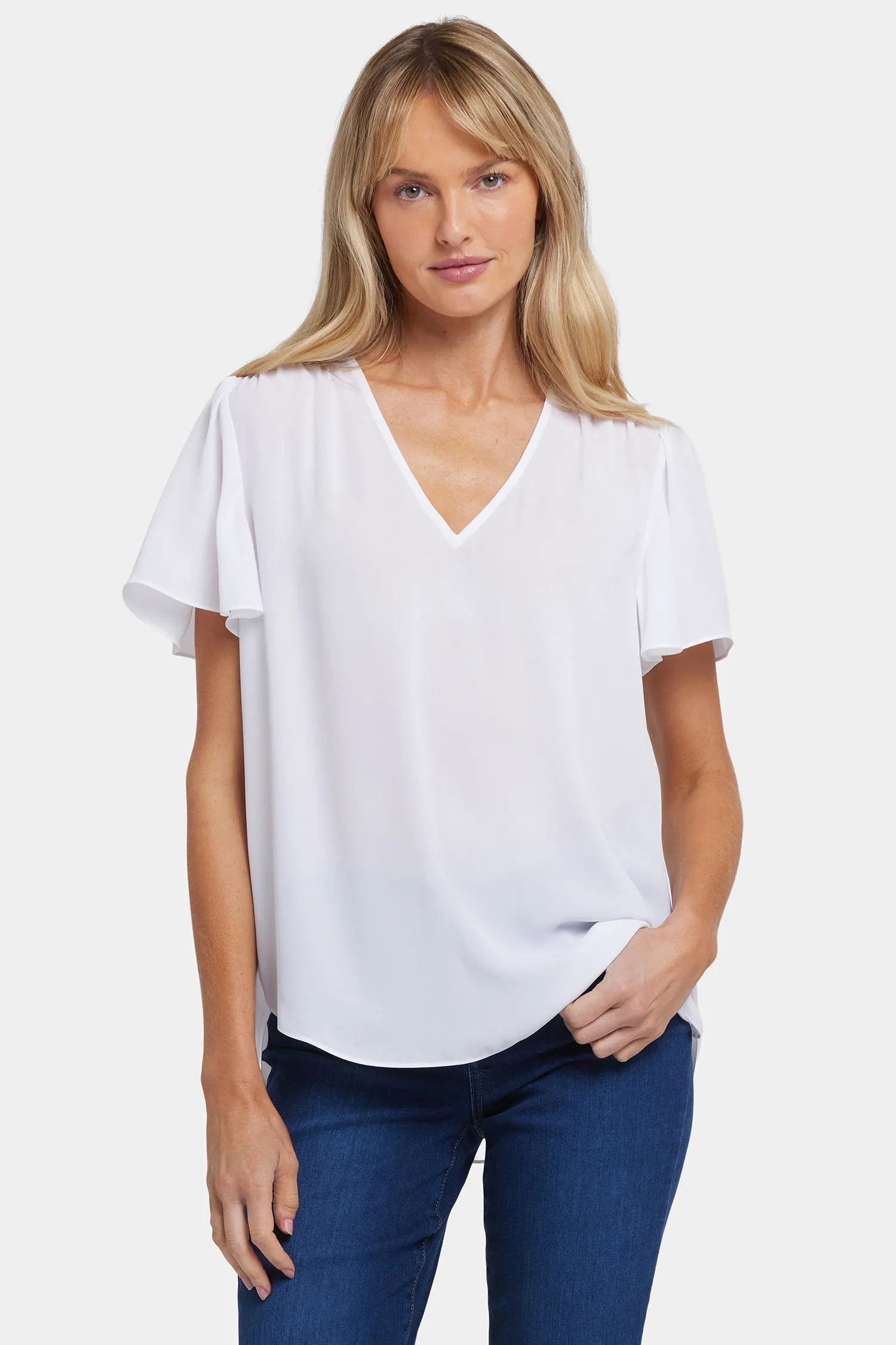 Pleated Flutter Sleeved Blouse - Optic White sold by NYDJ